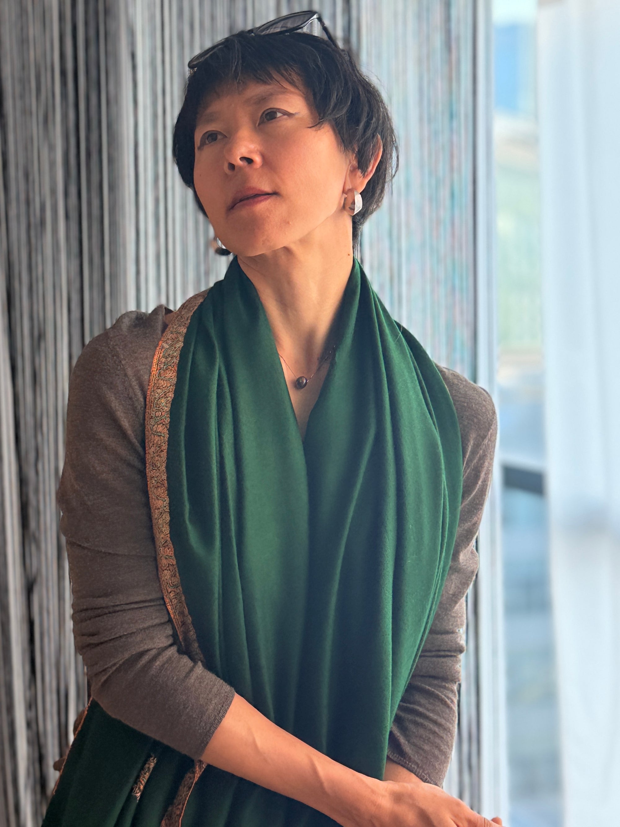 Vintage Emerald Green Hashia Embroidery Pashmina Shawl