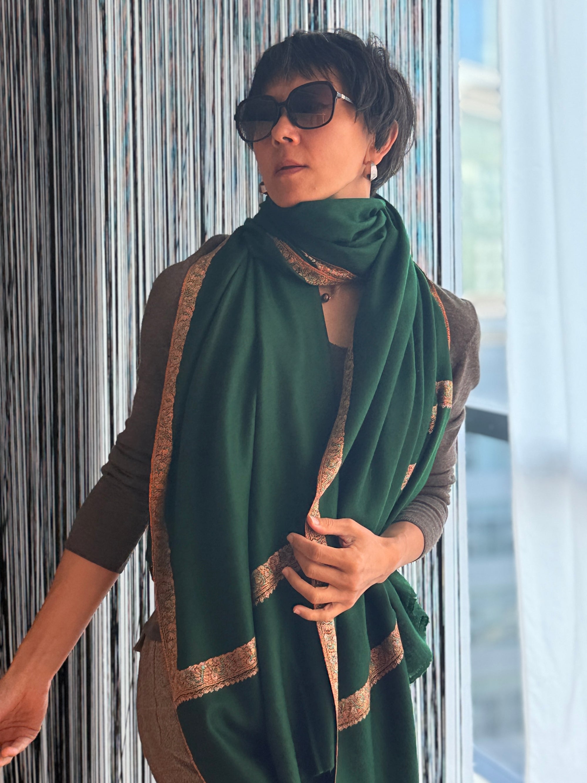 Vintage Emerald Green Hashia Embroidery Pashmina Shawl