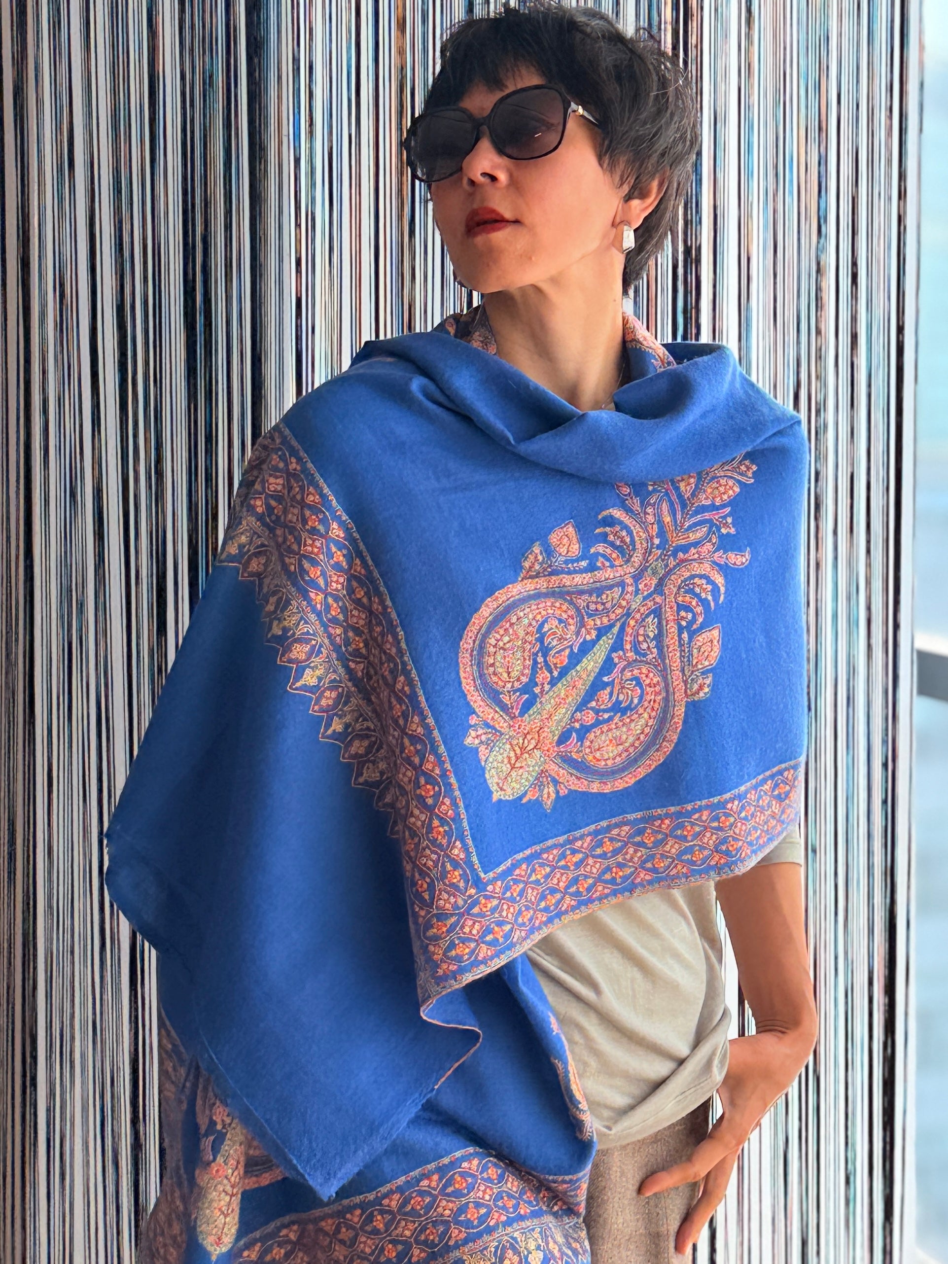 Vintage Turquoise Designer Embroidery Pashmina Shawl