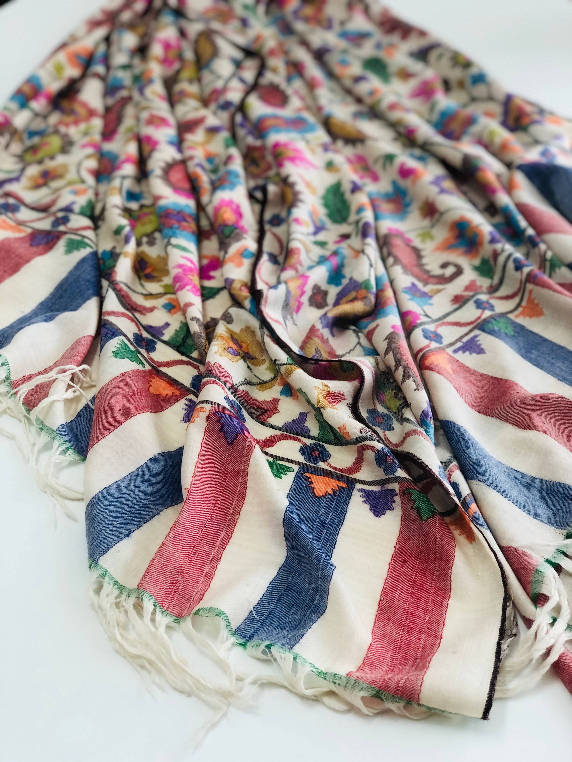 Oversized White Floral Design Kani Pashmina Shawl