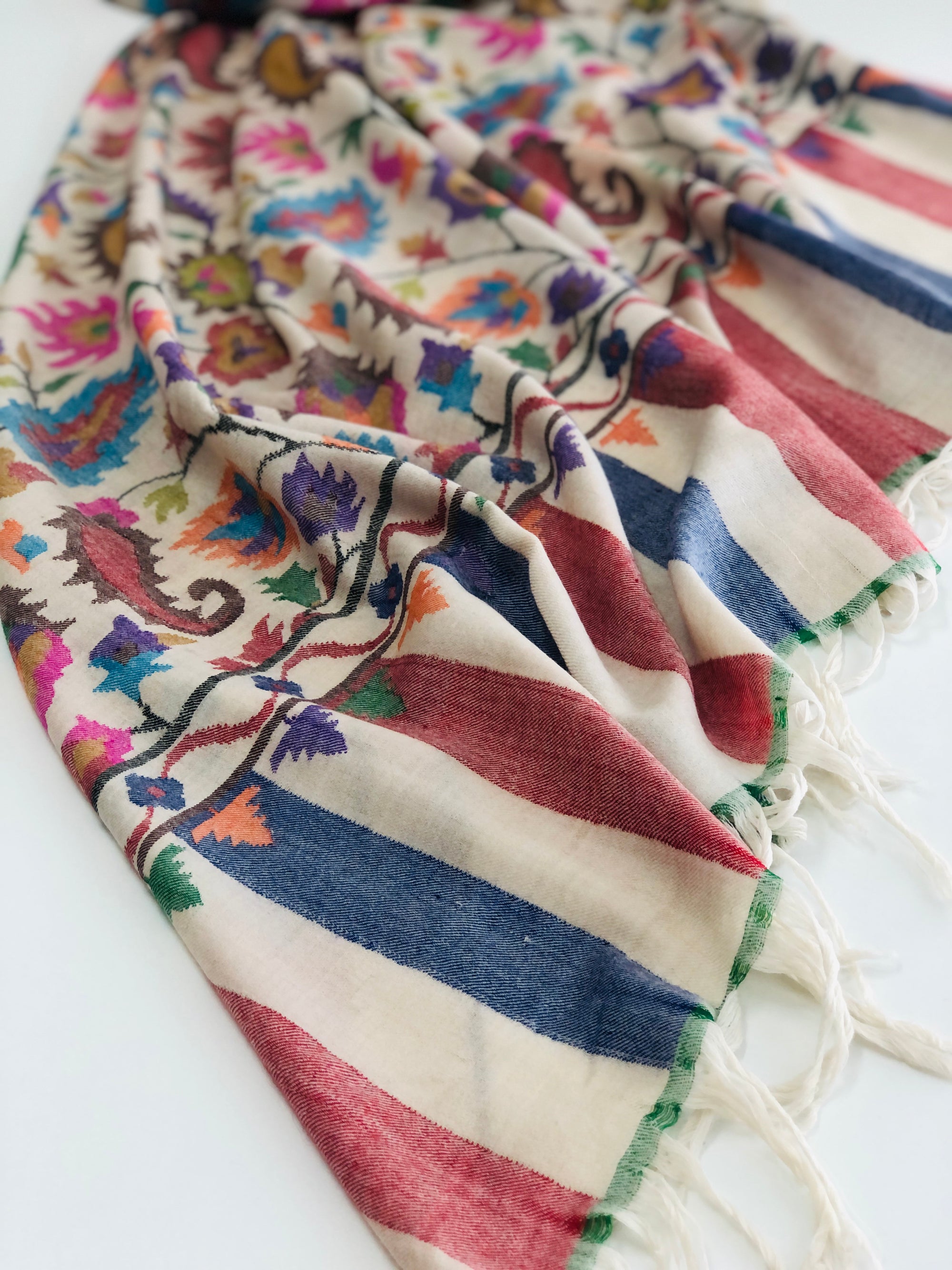 Oversized White Floral Design Kani Pashmina Shawl