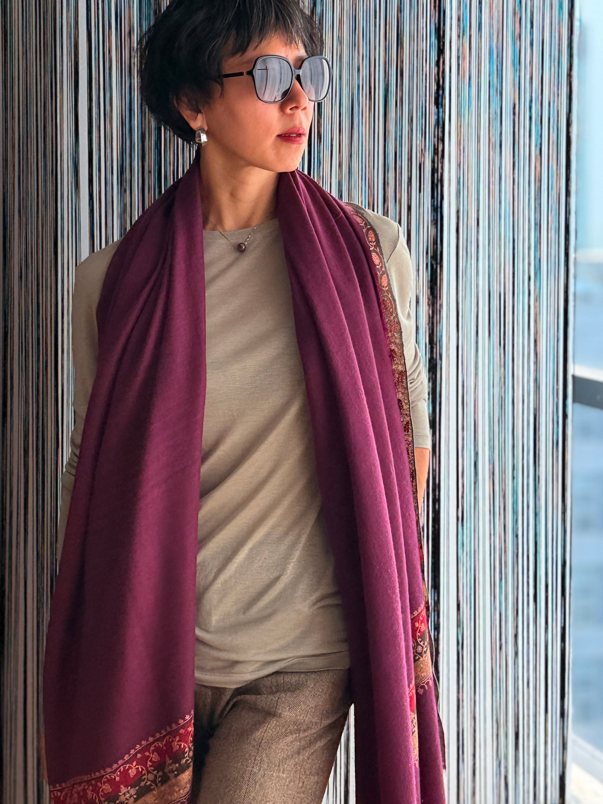 Vintage Plum Red Light Embroidery Pashmina Shawl