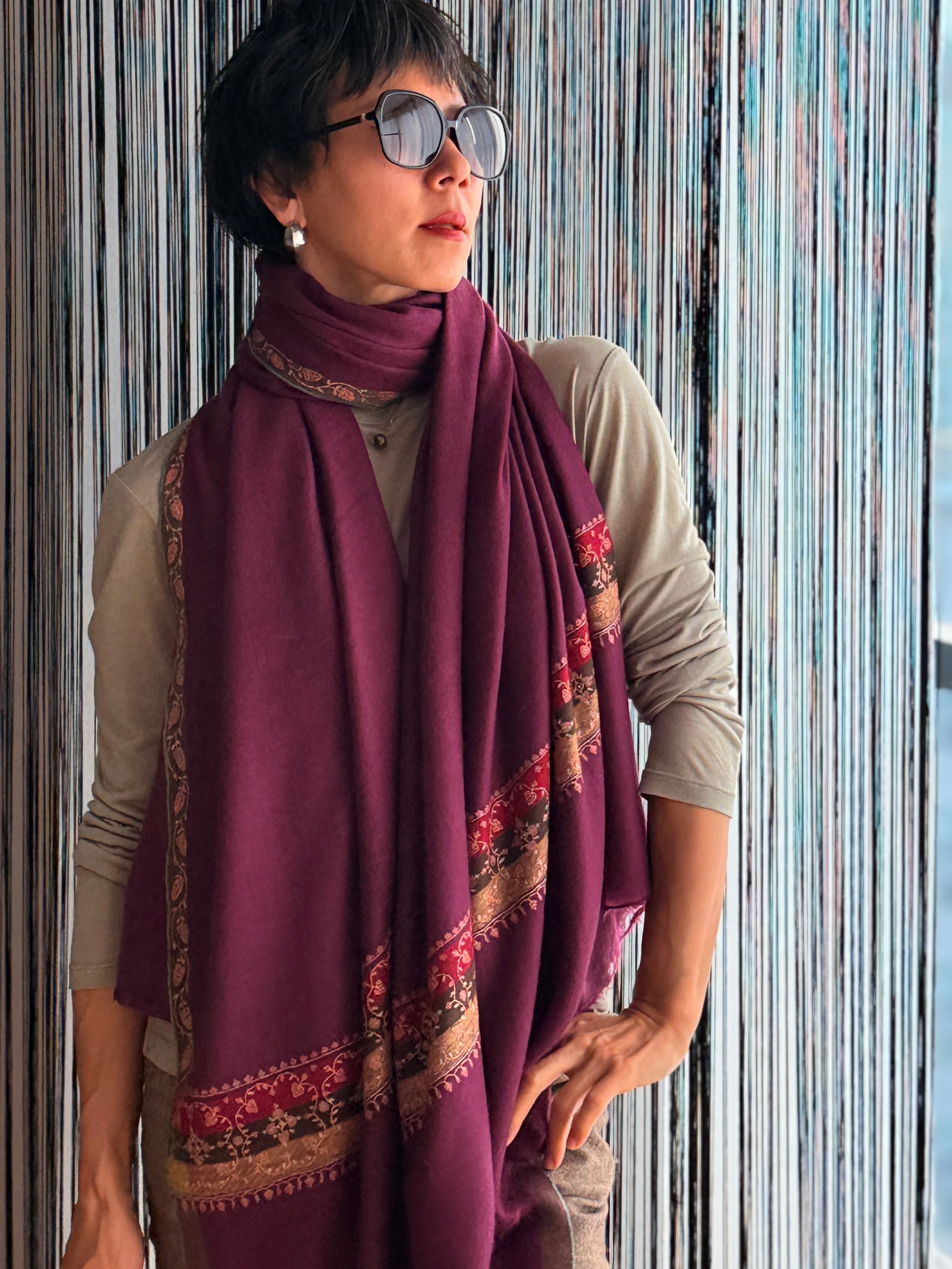 Vintage Plum Red Light Embroidery Pashmina Shawl