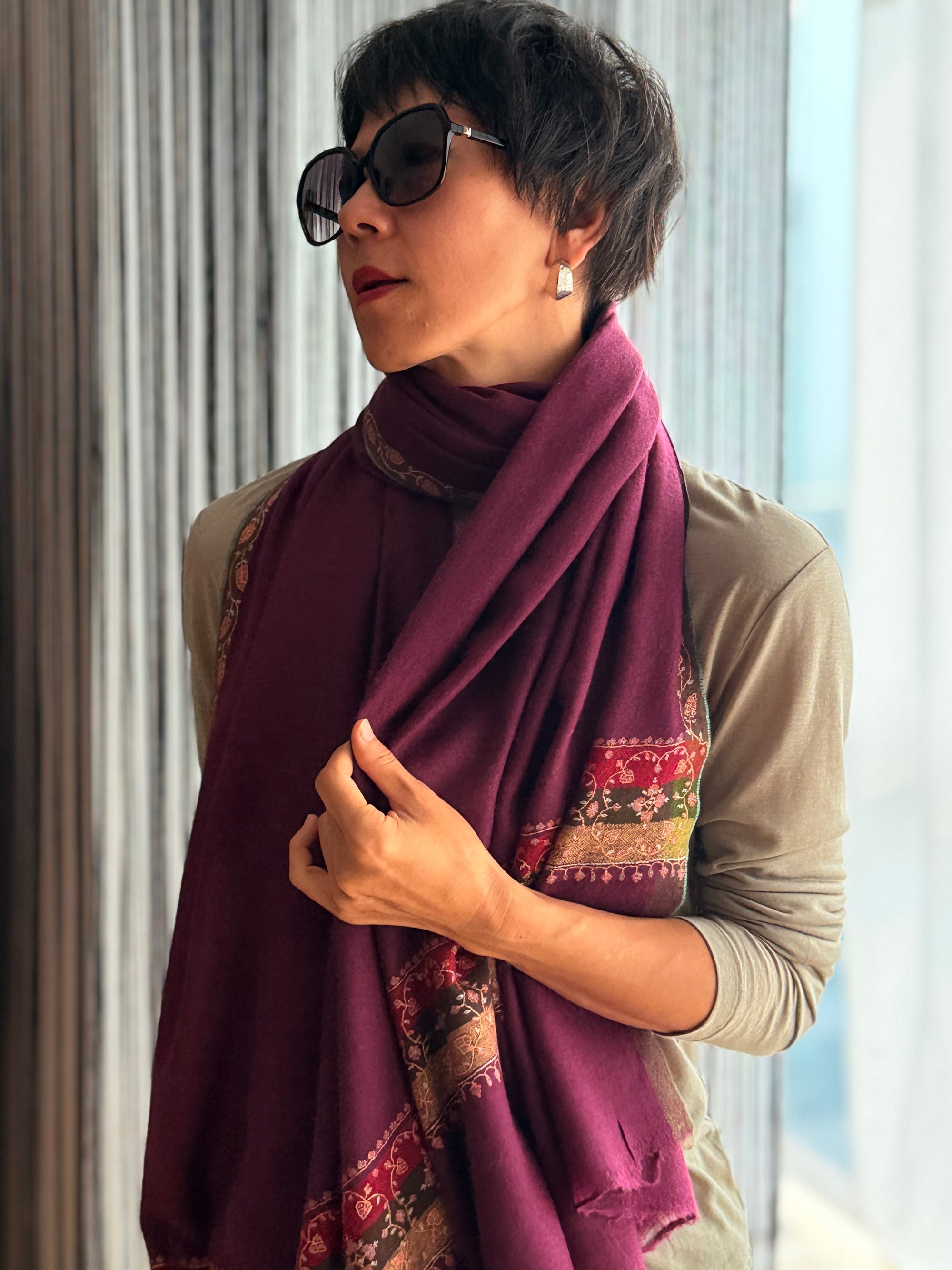 Vintage Plum Red Light Embroidery Pashmina Shawl