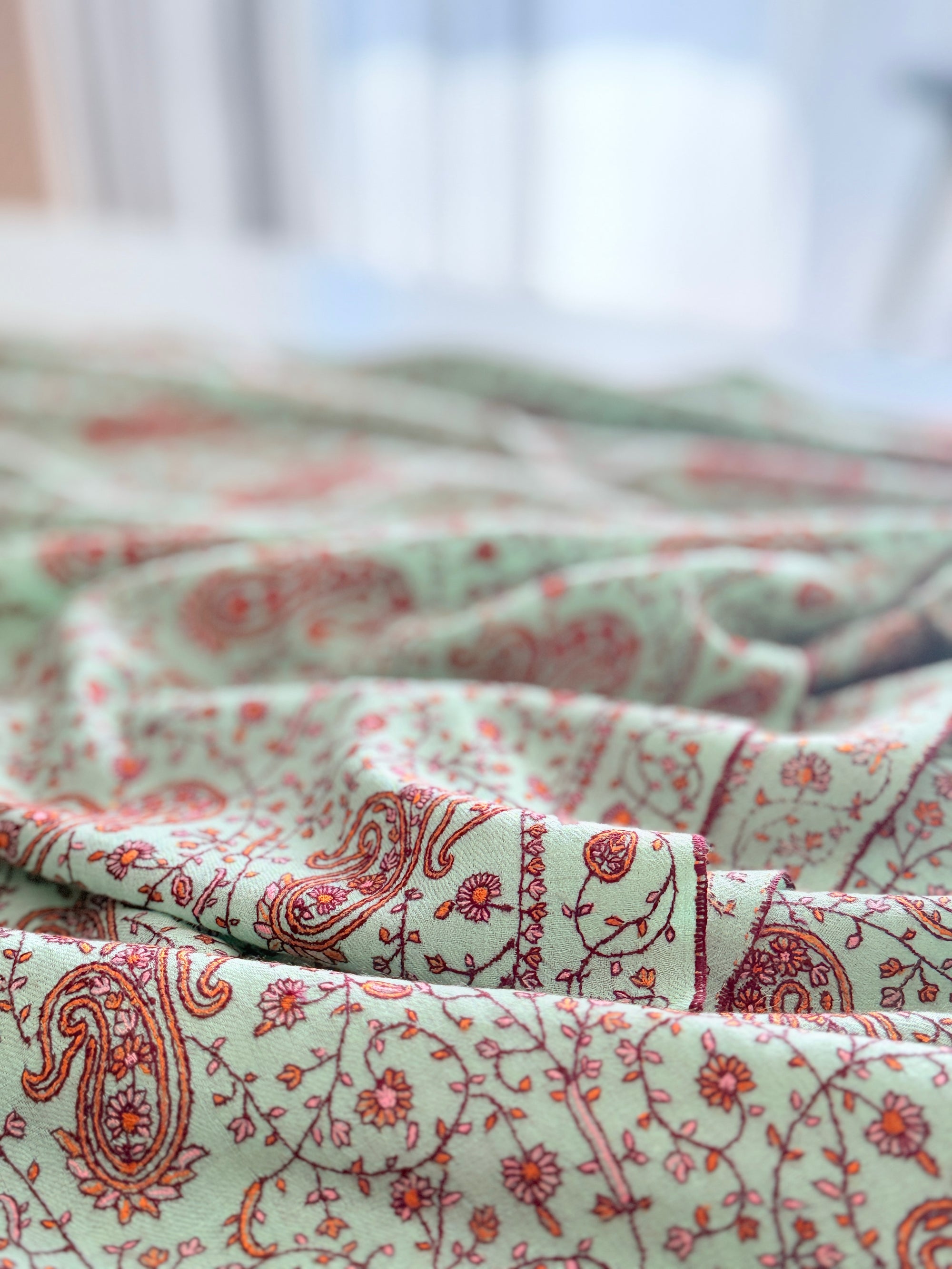 Turquoise Paisley Design Embroidered Pashmina Shawl