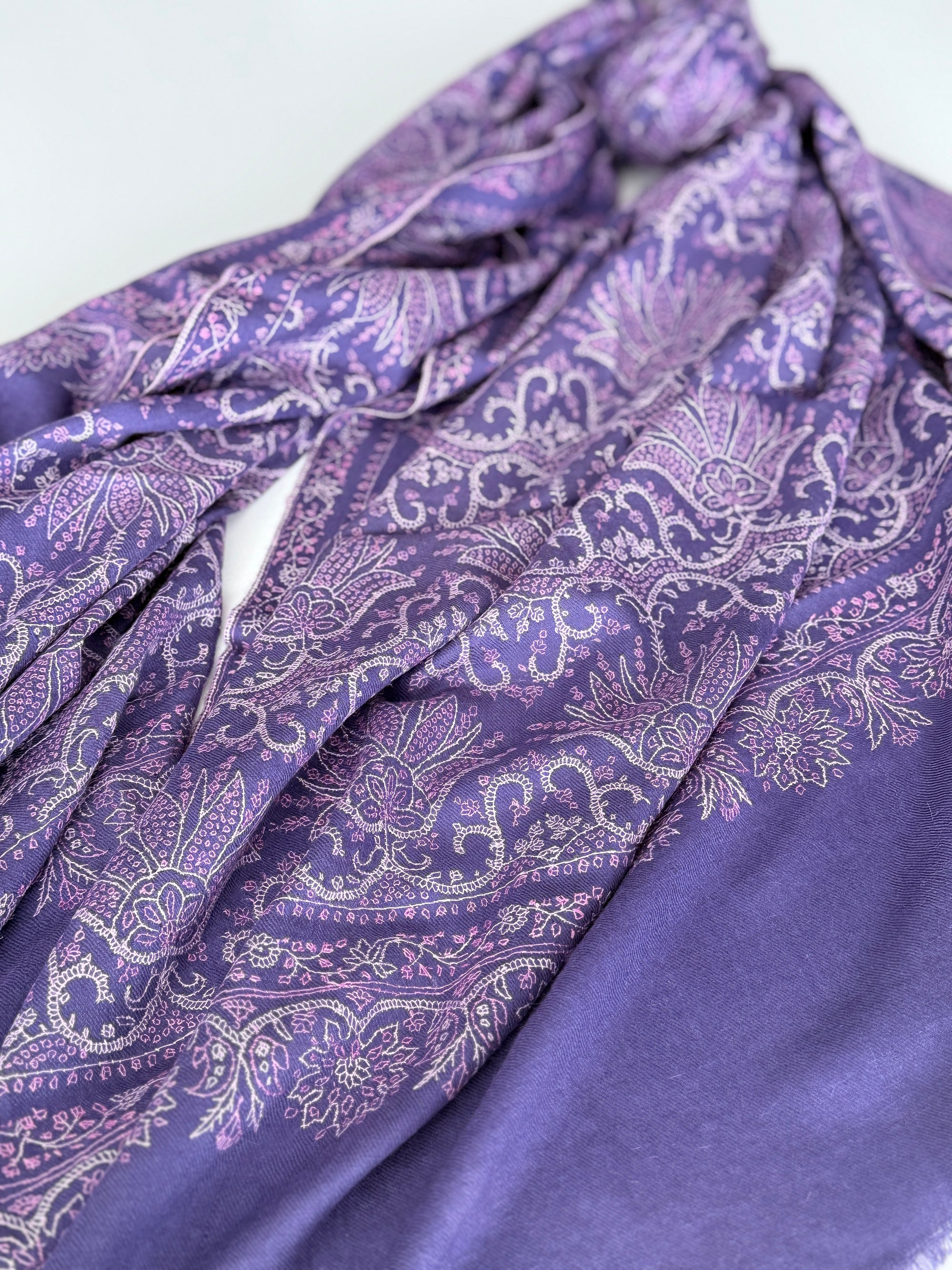 Purple Lotus Design Embroidered Pashmina Shawl