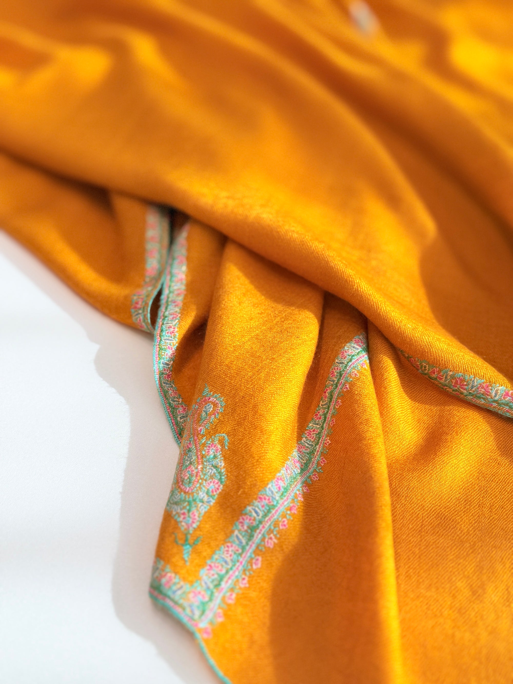 Vintage Mustard Silk Embroidery Pashmina Shawl