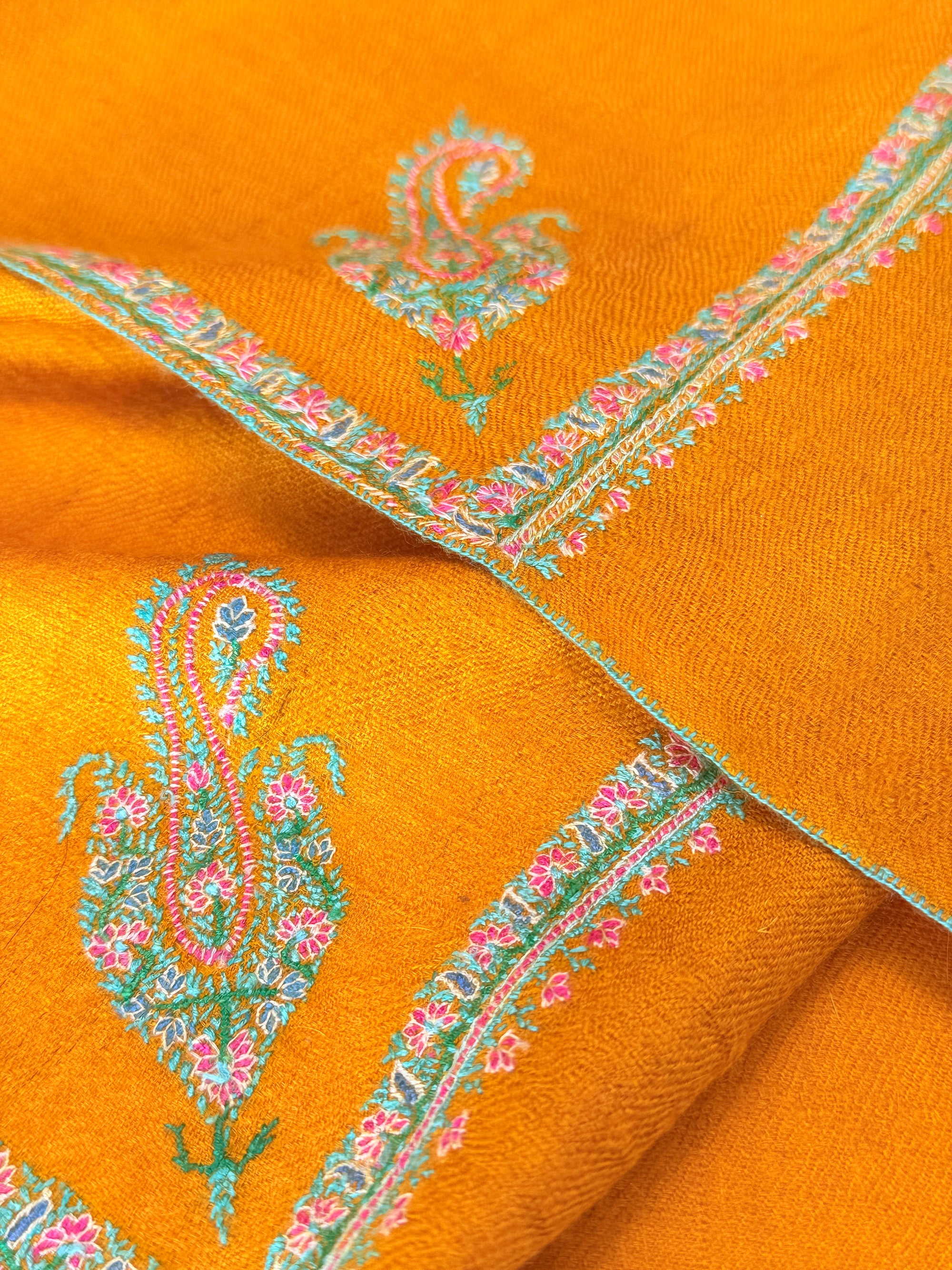Vintage Mustard Silk Embroidery Pashmina Shawl