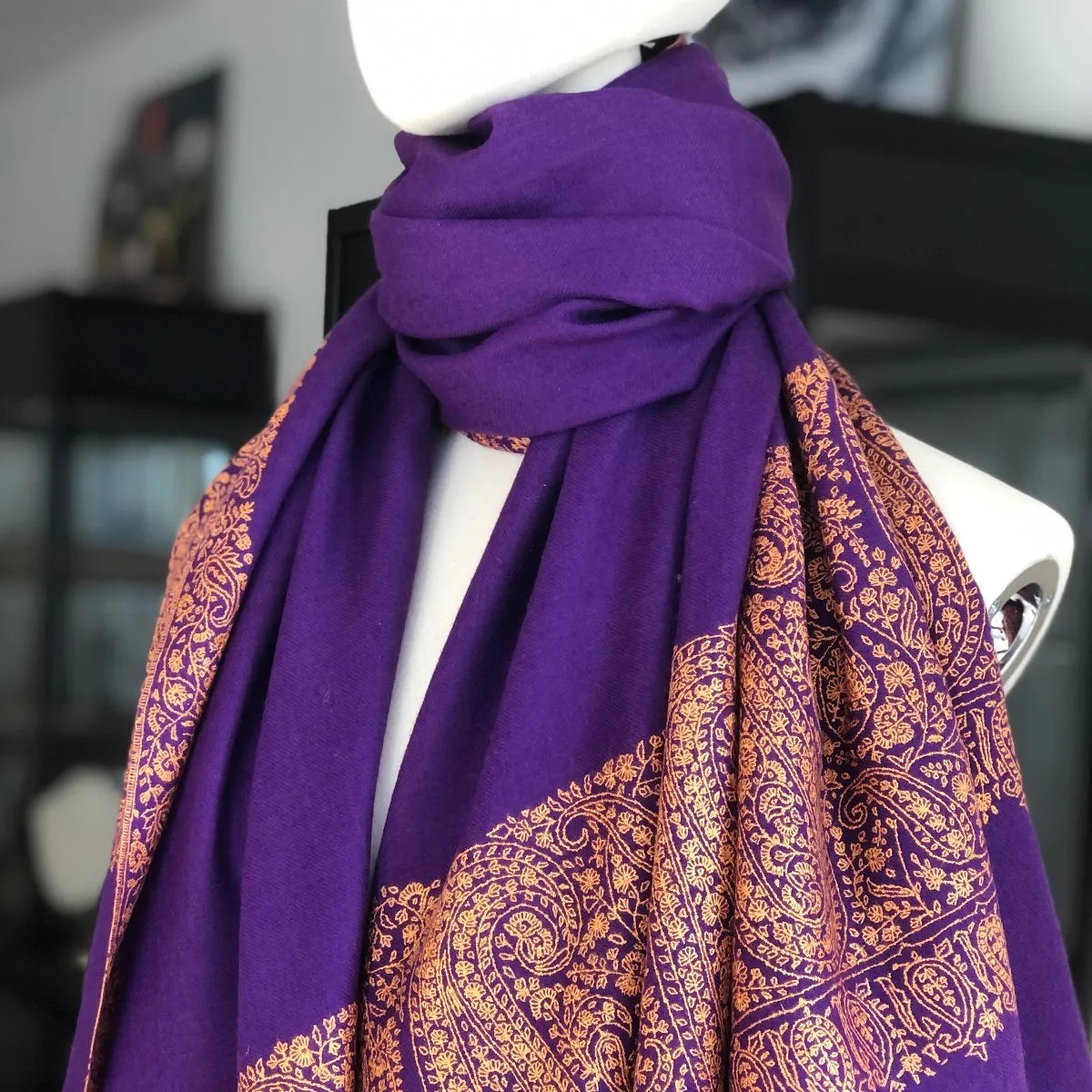 Bright Purple Paisley Design Embroidery Pashmina Image 5