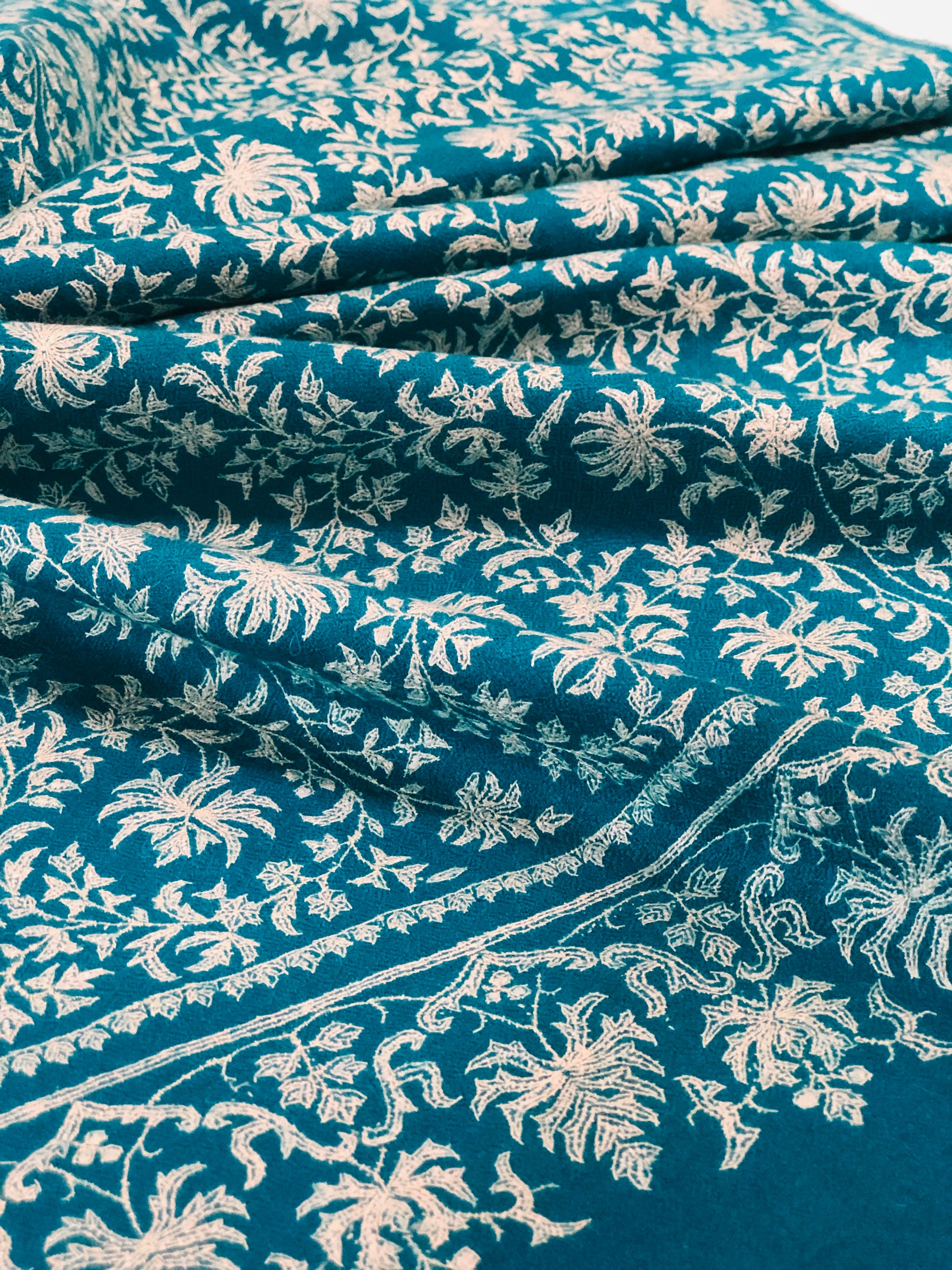 Vintage Turquoise Jaal Silk Embroidery Pashmina Shawl