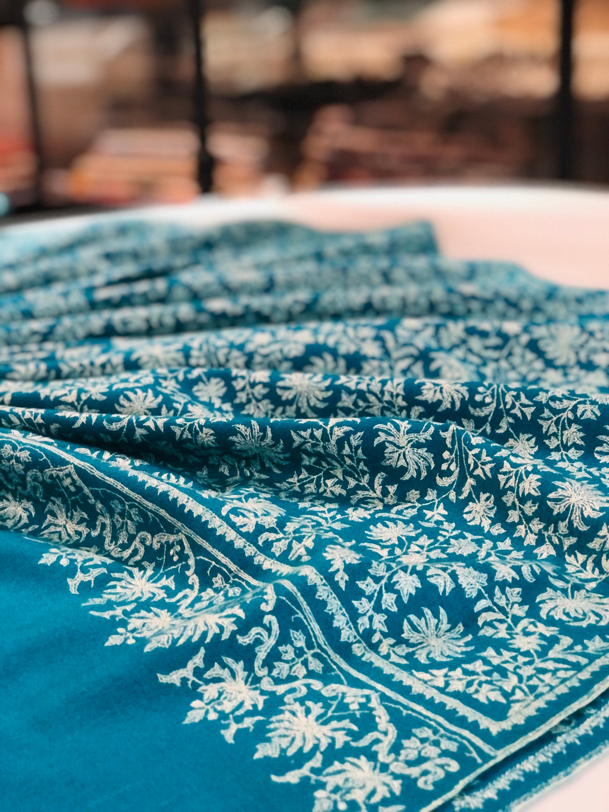 Vintage Turquoise Jaal Silk Embroidery Pashmina Shawl
