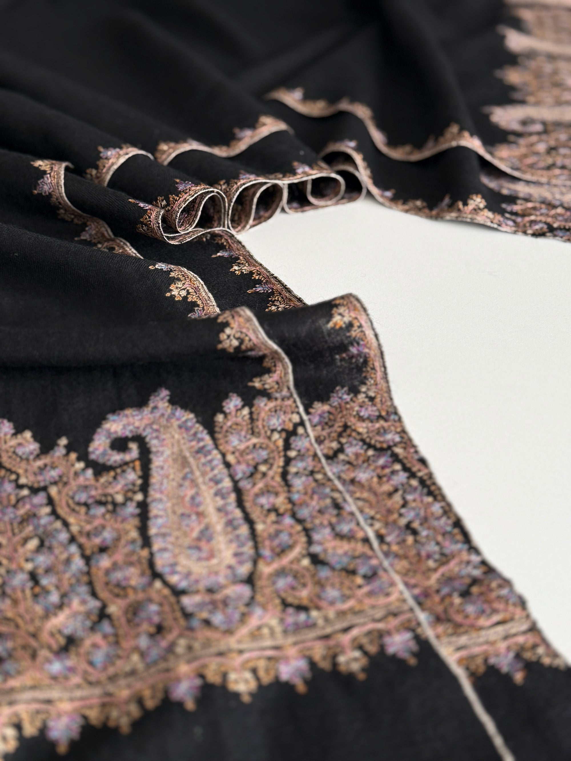 Vintage Black Palla Silk Embroidery Pashmina Shawl