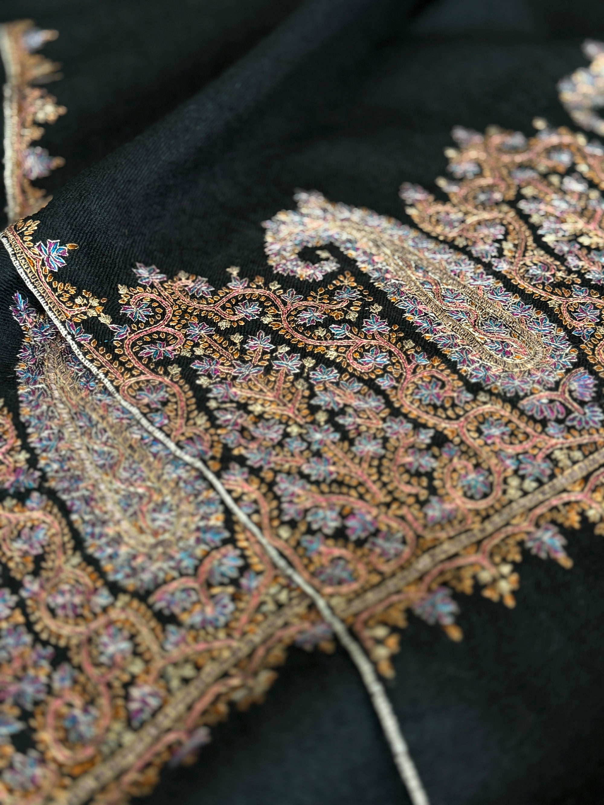 Vintage Black Palla Silk Embroidery Pashmina Shawl