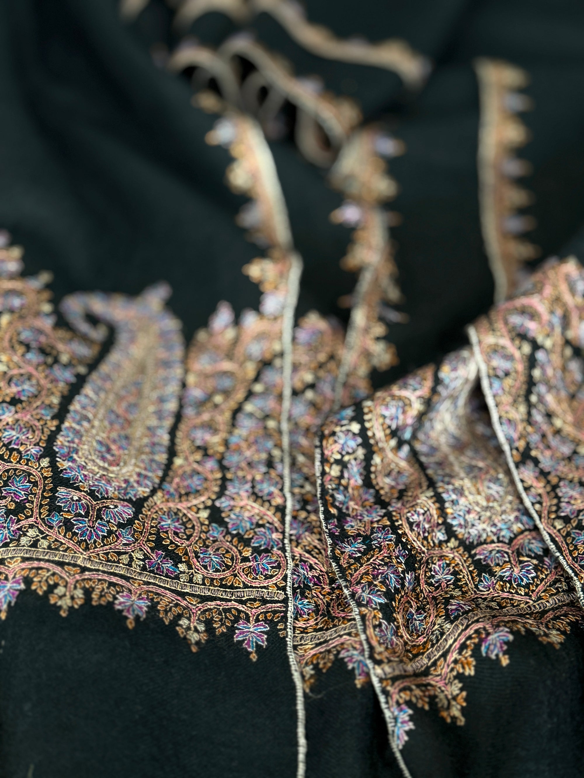 Vintage Black Palla Silk Embroidery Pashmina Shawl