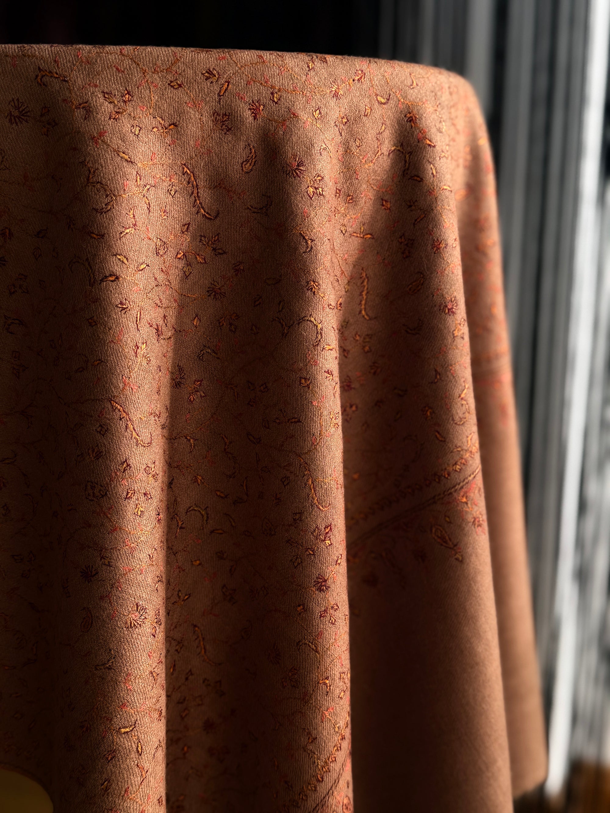 Vintage Dark Brown Silk Embroidery Pashmina Shawl