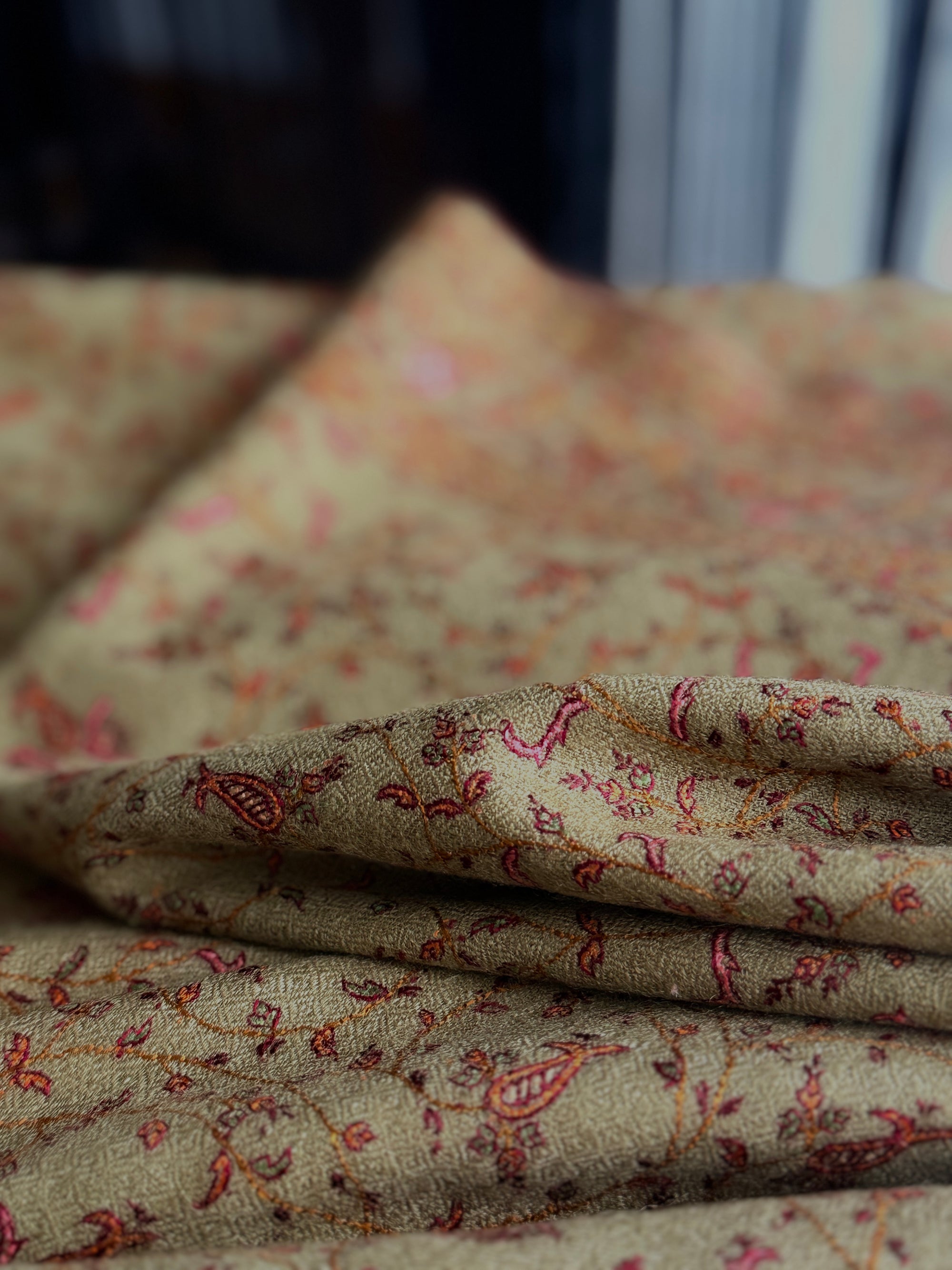 Vintage Golden Silk Embroidery Pashmina Shawl