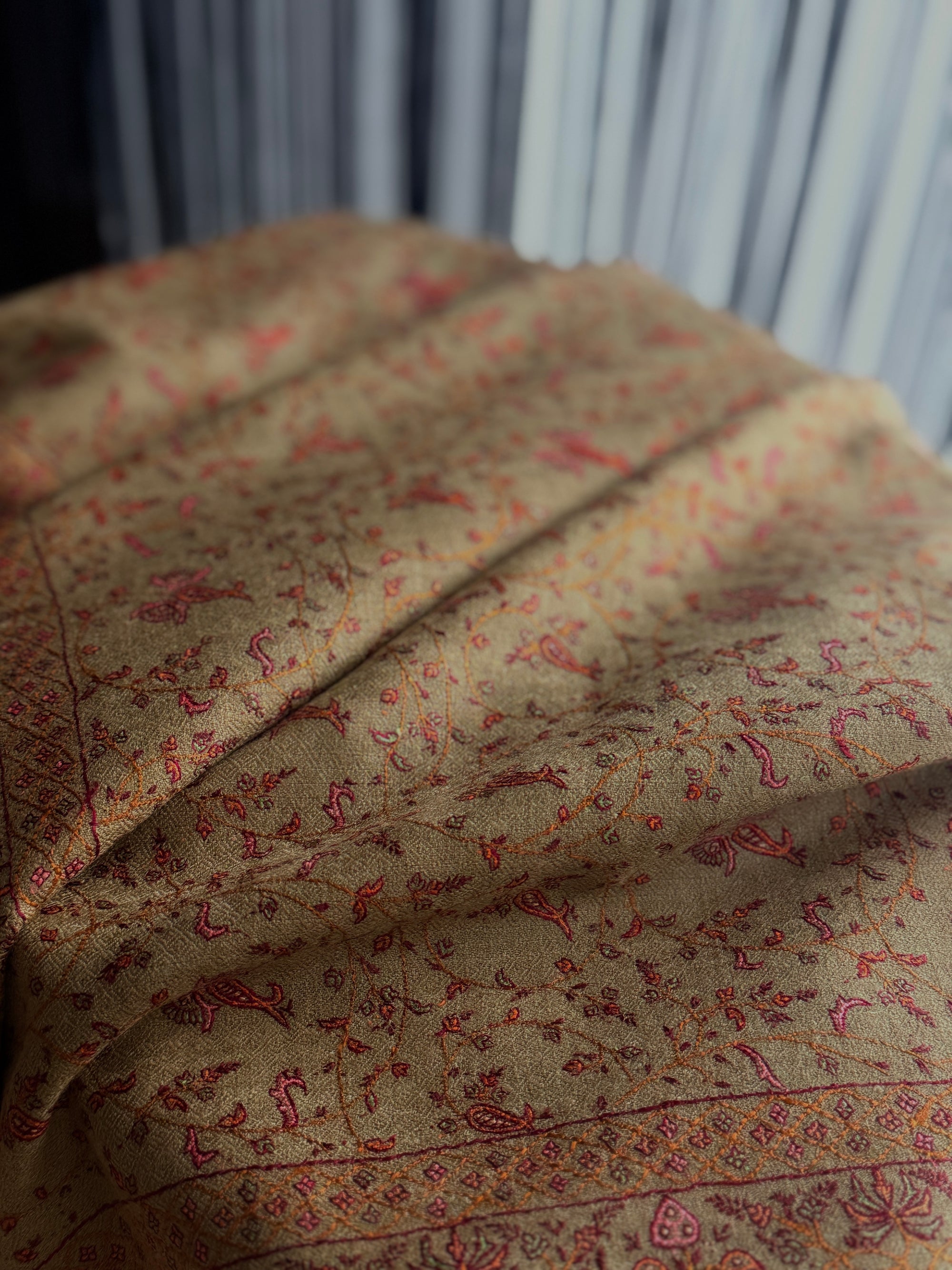 Vintage Golden Silk Embroidery Pashmina Shawl