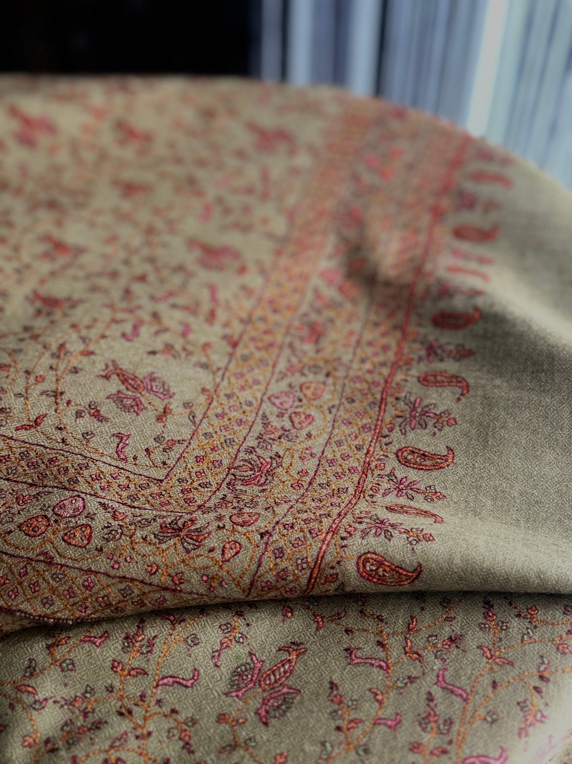 Vintage Golden Silk Embroidery Pashmina Shawl