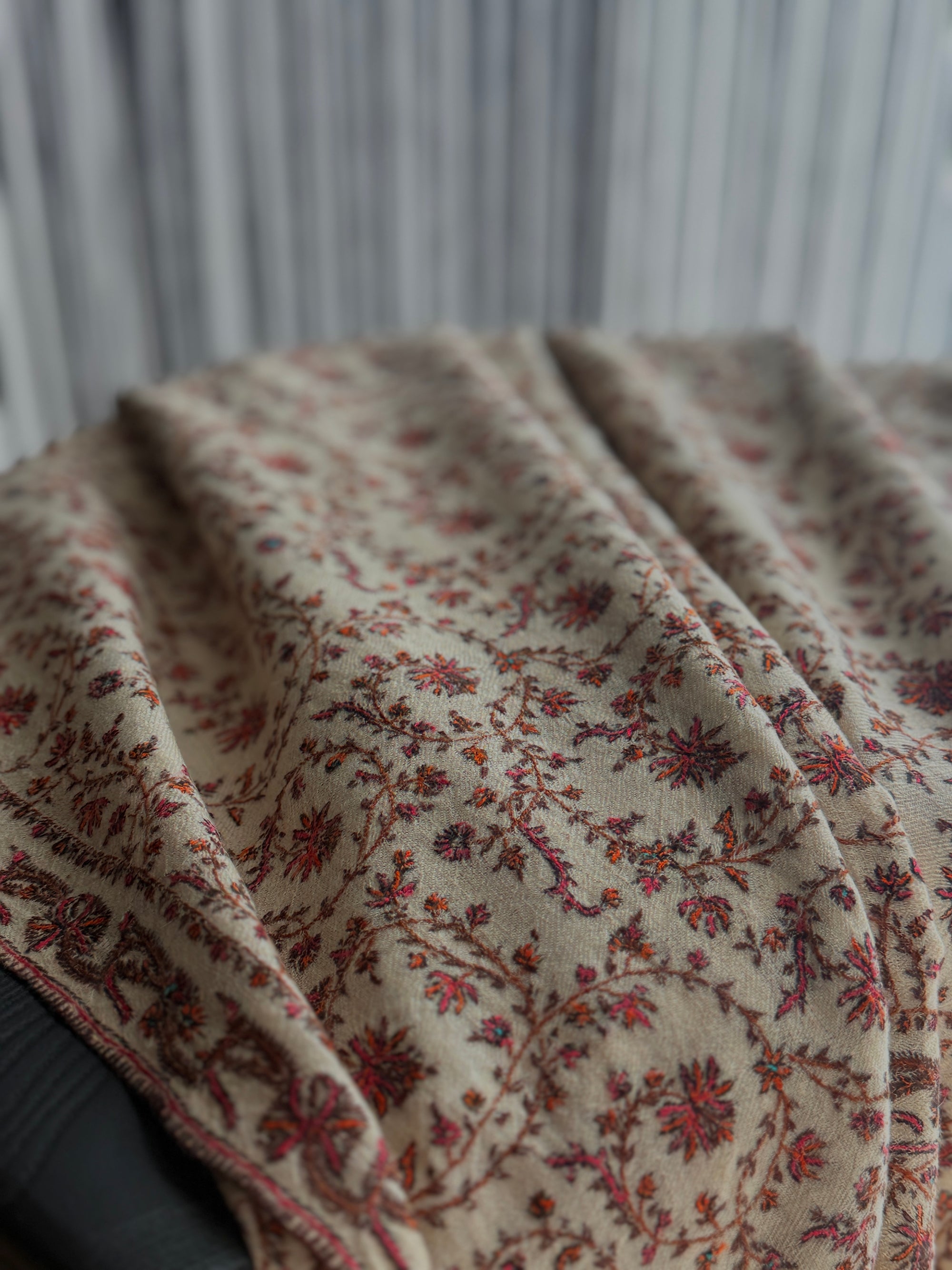 Vintage Ivory Jaal Silk Embroidery Pashmina Shawl