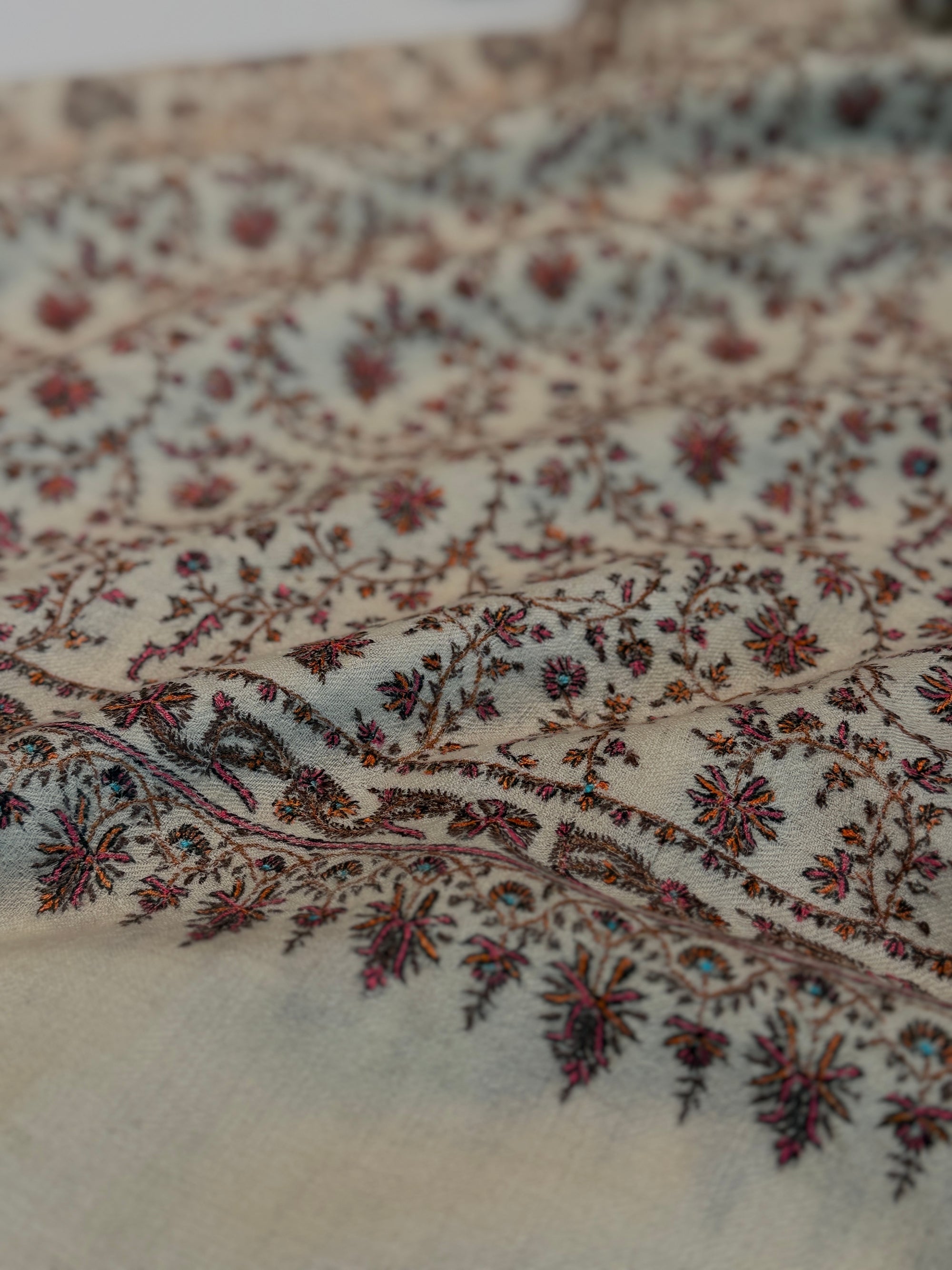 Vintage Ivory Jaal Silk Embroidery Pashmina Shawl