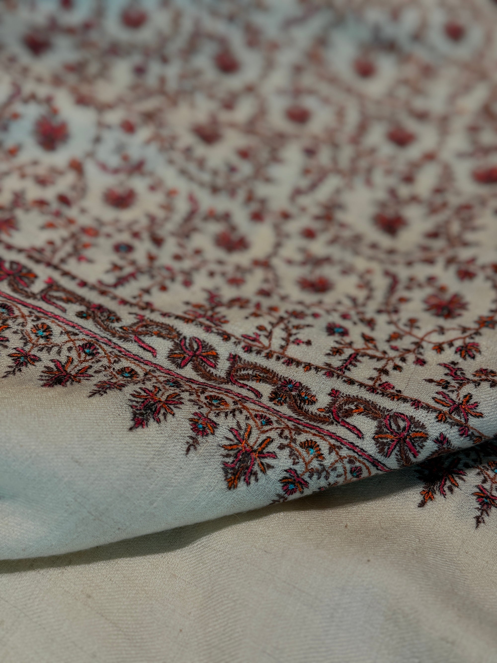 Vintage Ivory Jaal Silk Embroidery Pashmina Shawl