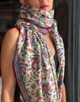 2.5 Yard White Floral Design Kani Pashmina Shawl