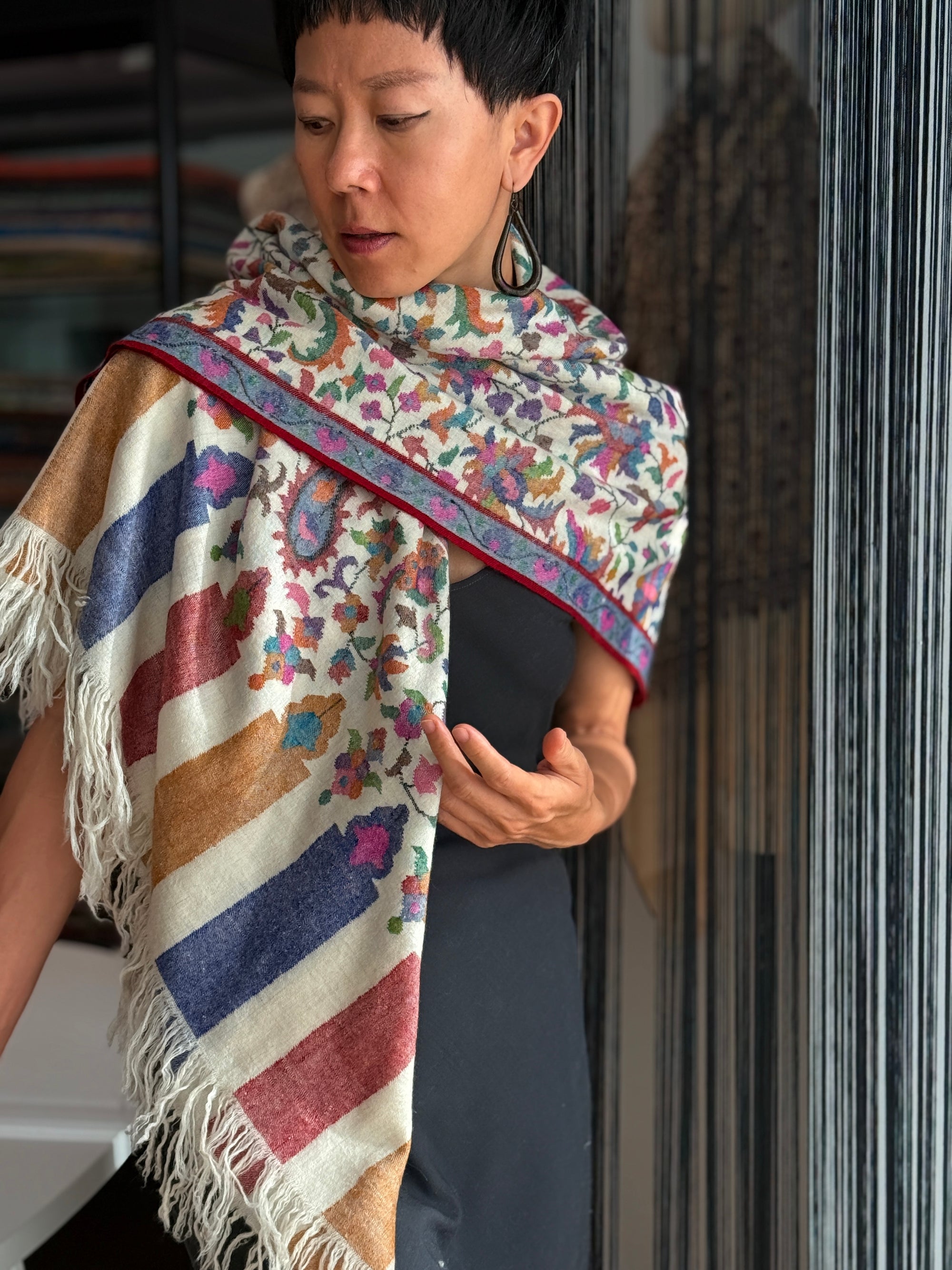 2.5 Yard White Floral Design Kani Pashmina Shawl