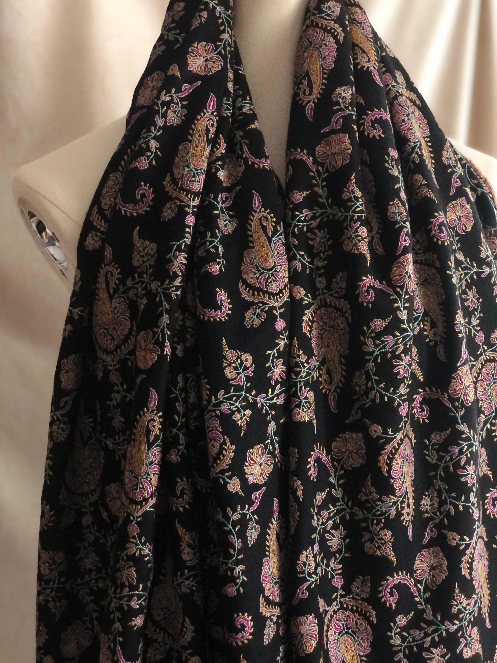 Black Paisley Embroidery Pashmina Shawl - the Atelier H