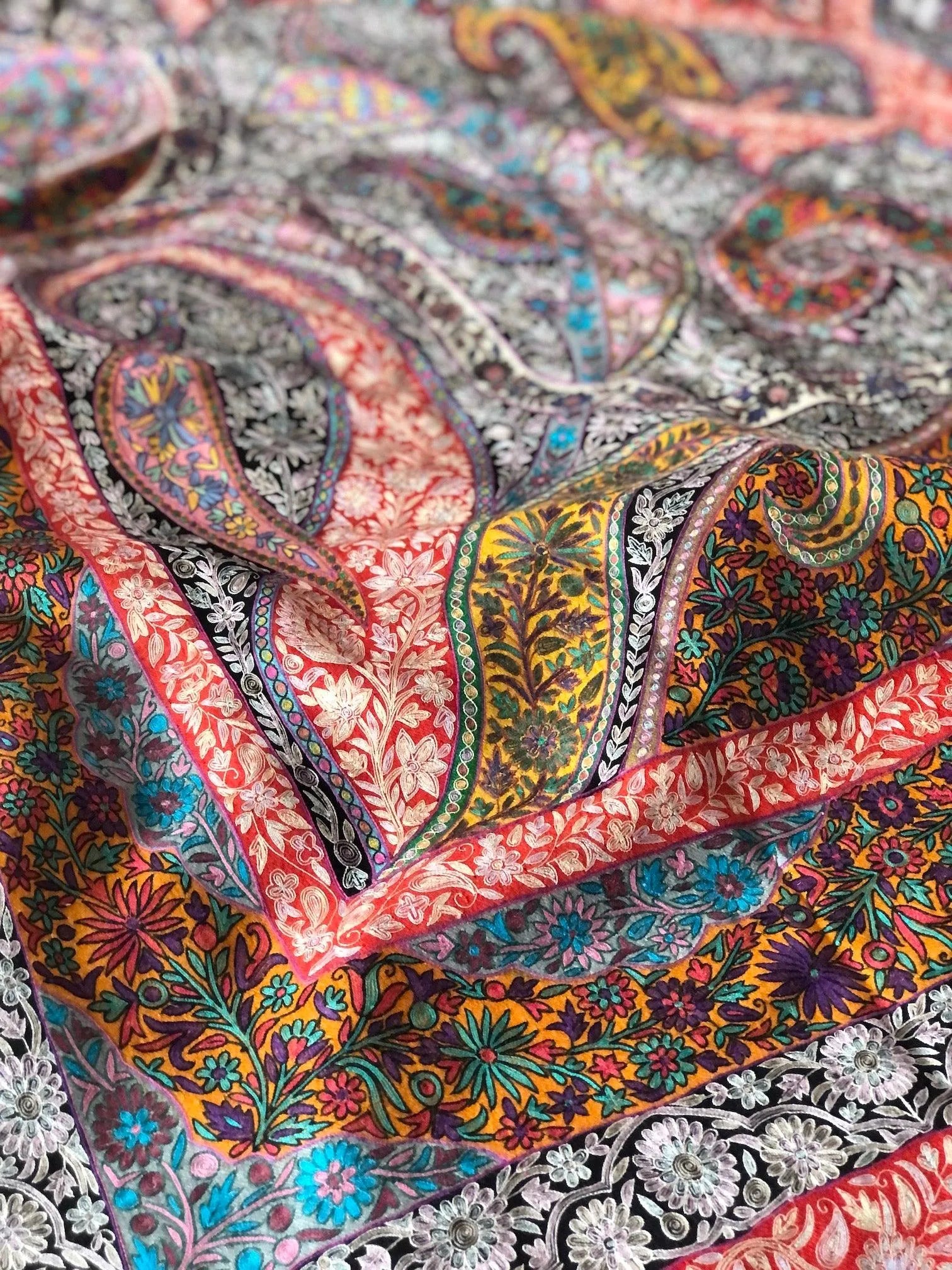 XL Kalamkari Silk Embroidery Pashmina Shawl, Antique Floral Design - the Atelier H