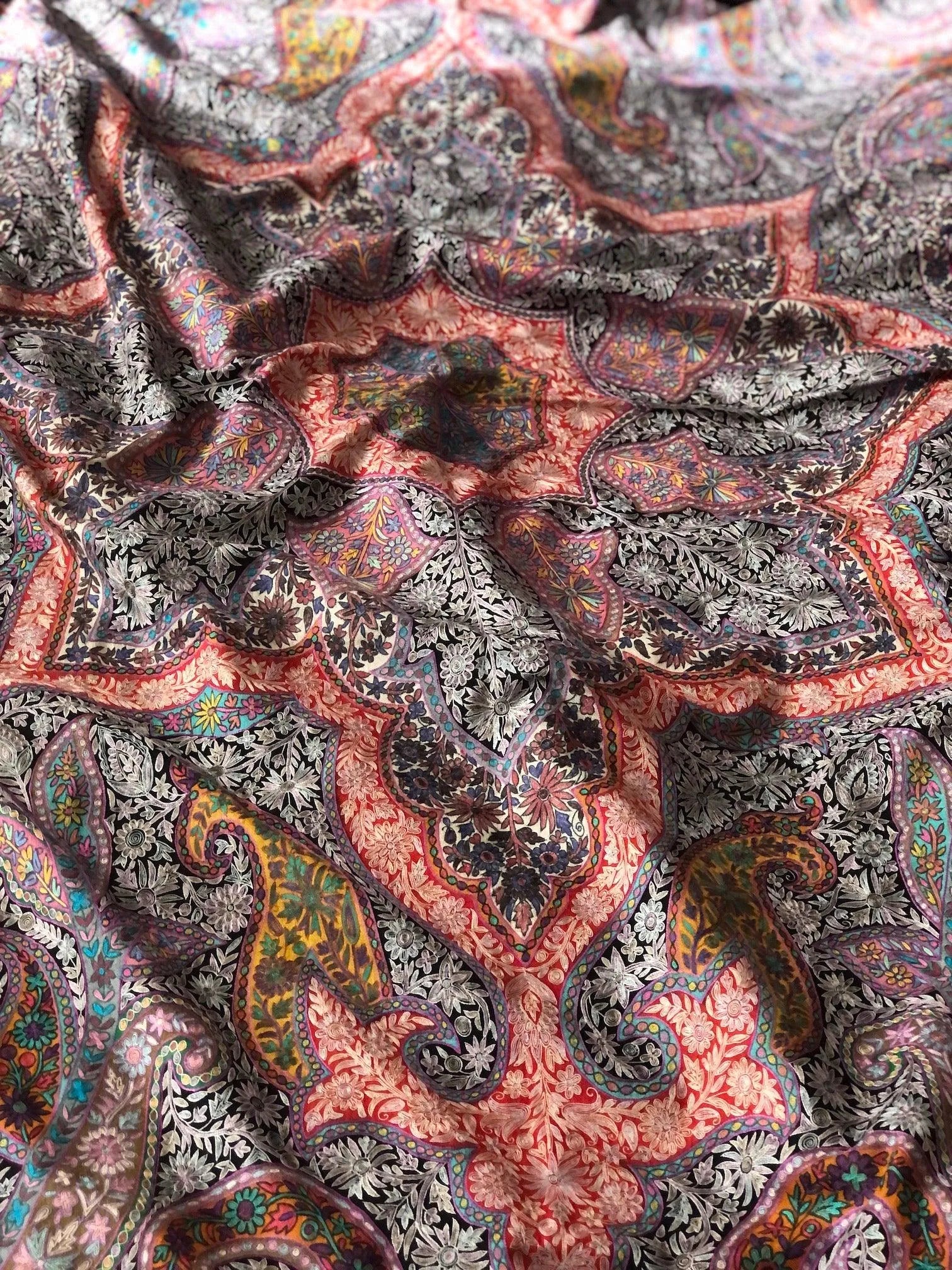 XL Kalamkari Silk Embroidery Pashmina Shawl, Antique Floral Design - the Atelier H