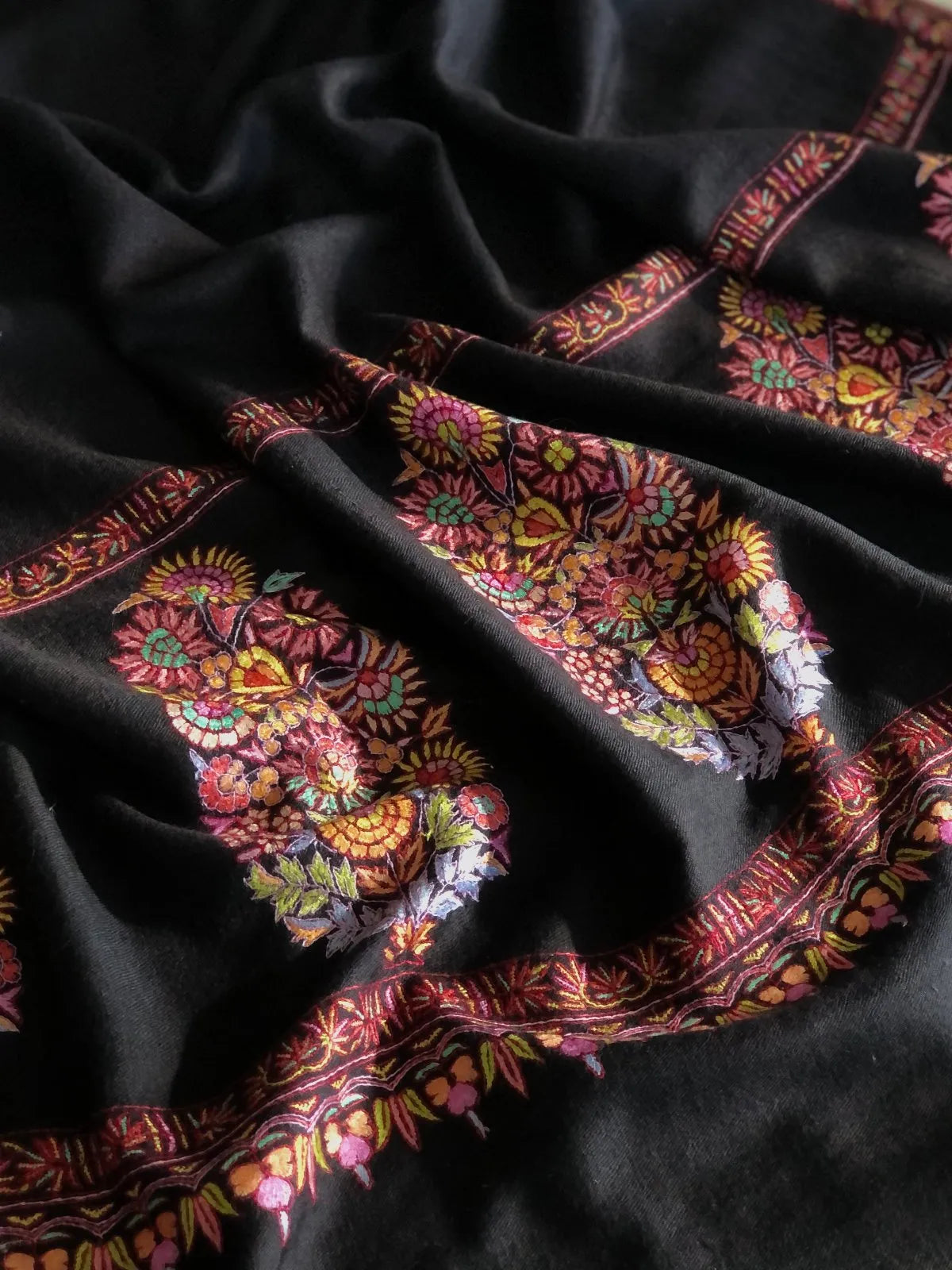 Black Embroidery Pashmina Shawl Cone Boteh Design Image 2