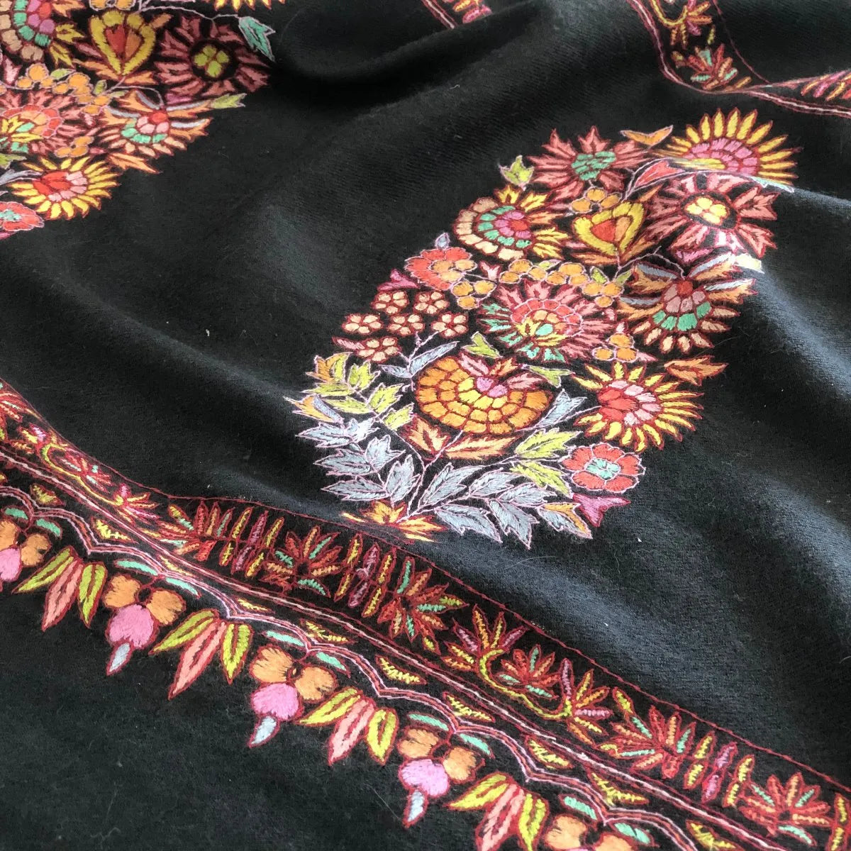 Black Embroidery Pashmina Shawl Cone Boteh Design Image 3