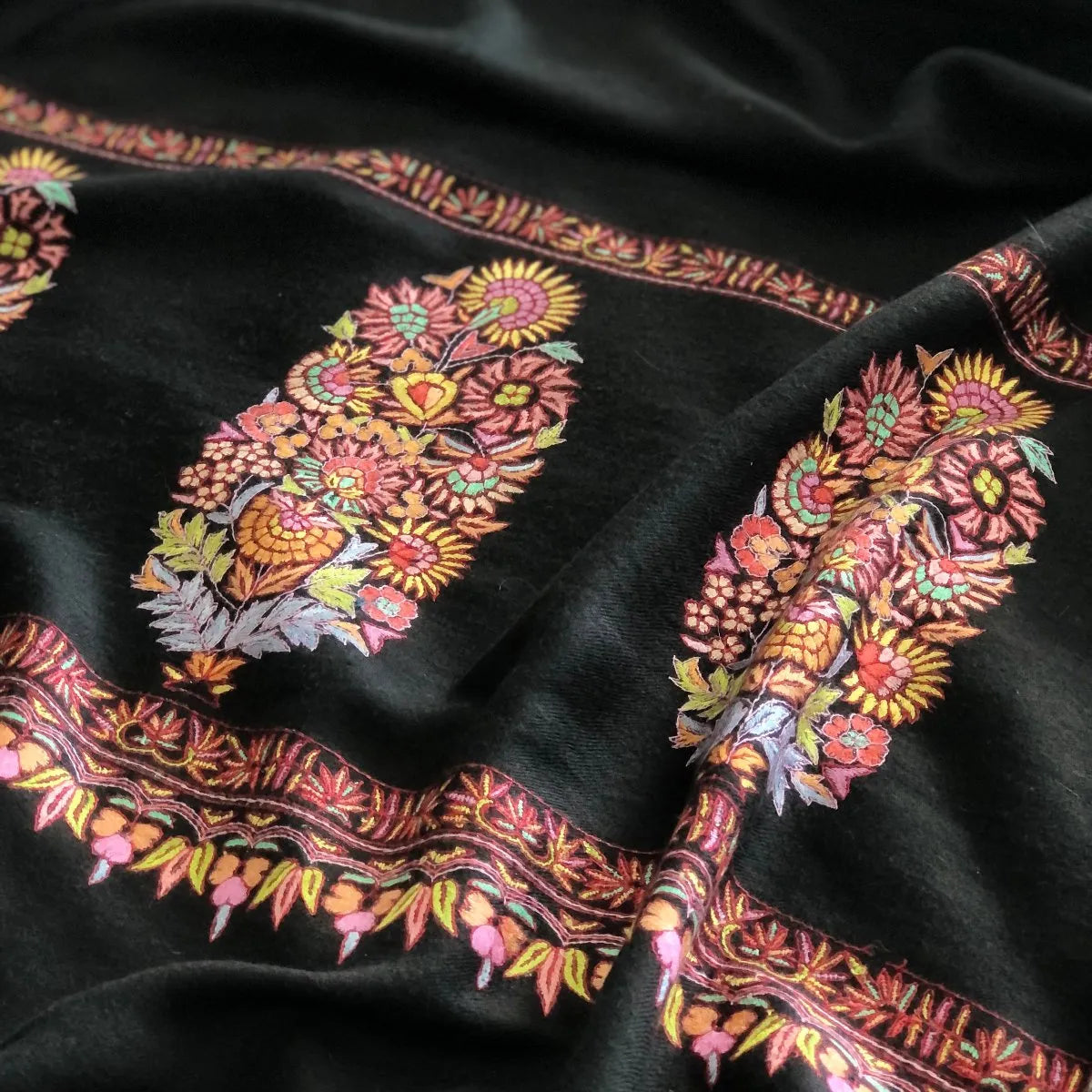 Black Embroidery Pashmina Shawl Cone Boteh Design Image 4