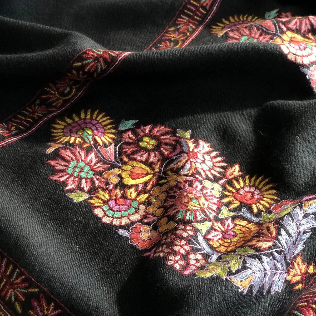 Black Embroidery Pashmina Shawl Cone Boteh Design Image 6