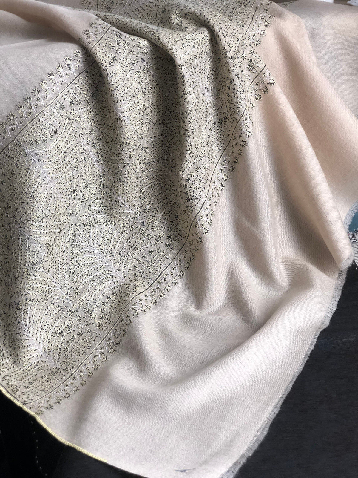 Natural White Embroidered Pashmina Shawl with Intricate Floral Designs