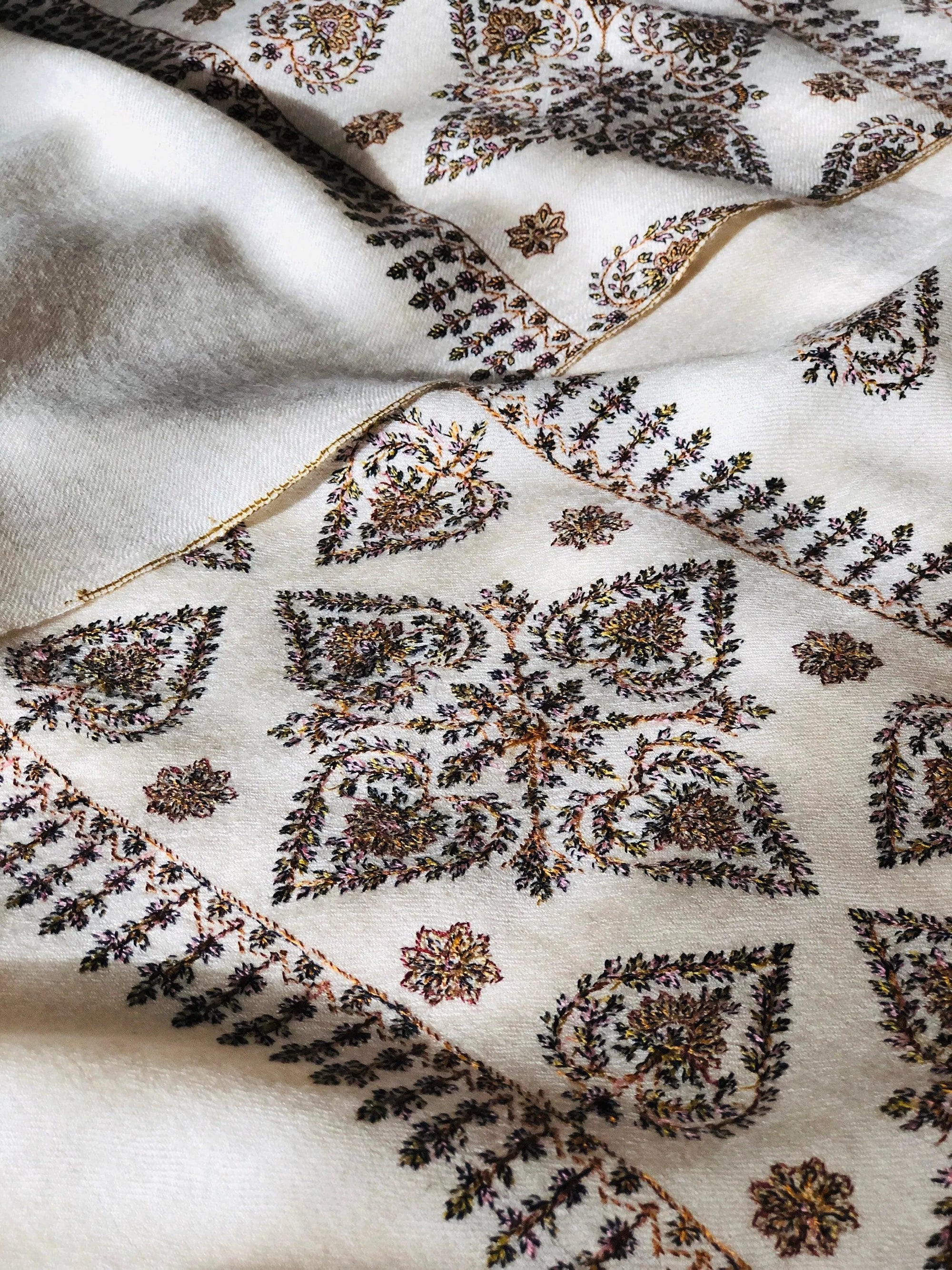 White Palla Design Silk Embroidery Pashmina Shawl - the Atelier H