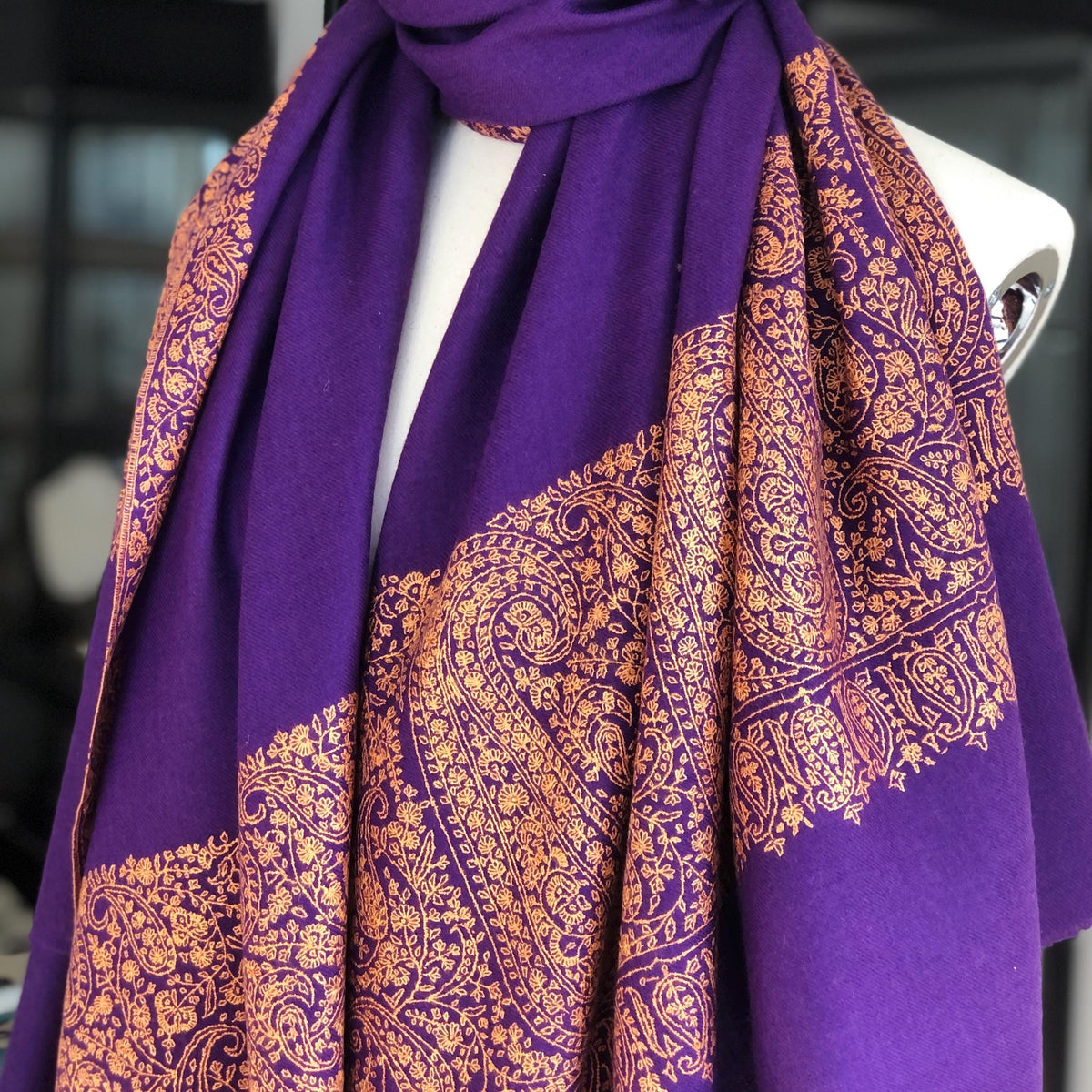 Bright Purple Paisley Pashmina Shawl with Intricate Embroidery Designs