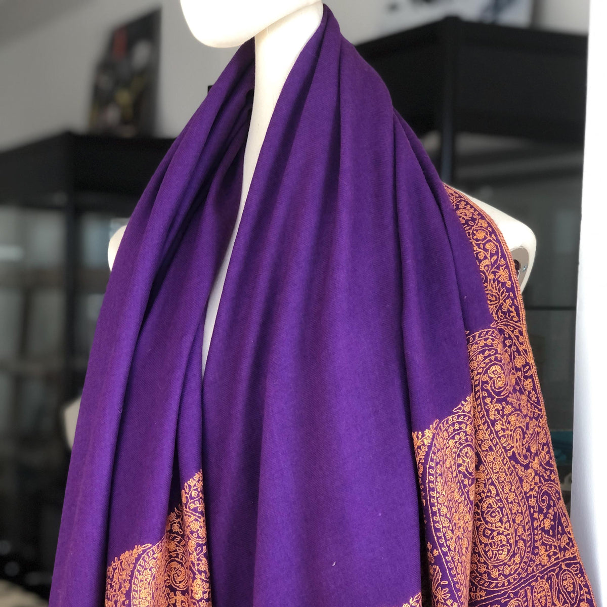 Bright Purple Paisley Pashmina Shawl with Intricate Embroidery Designs