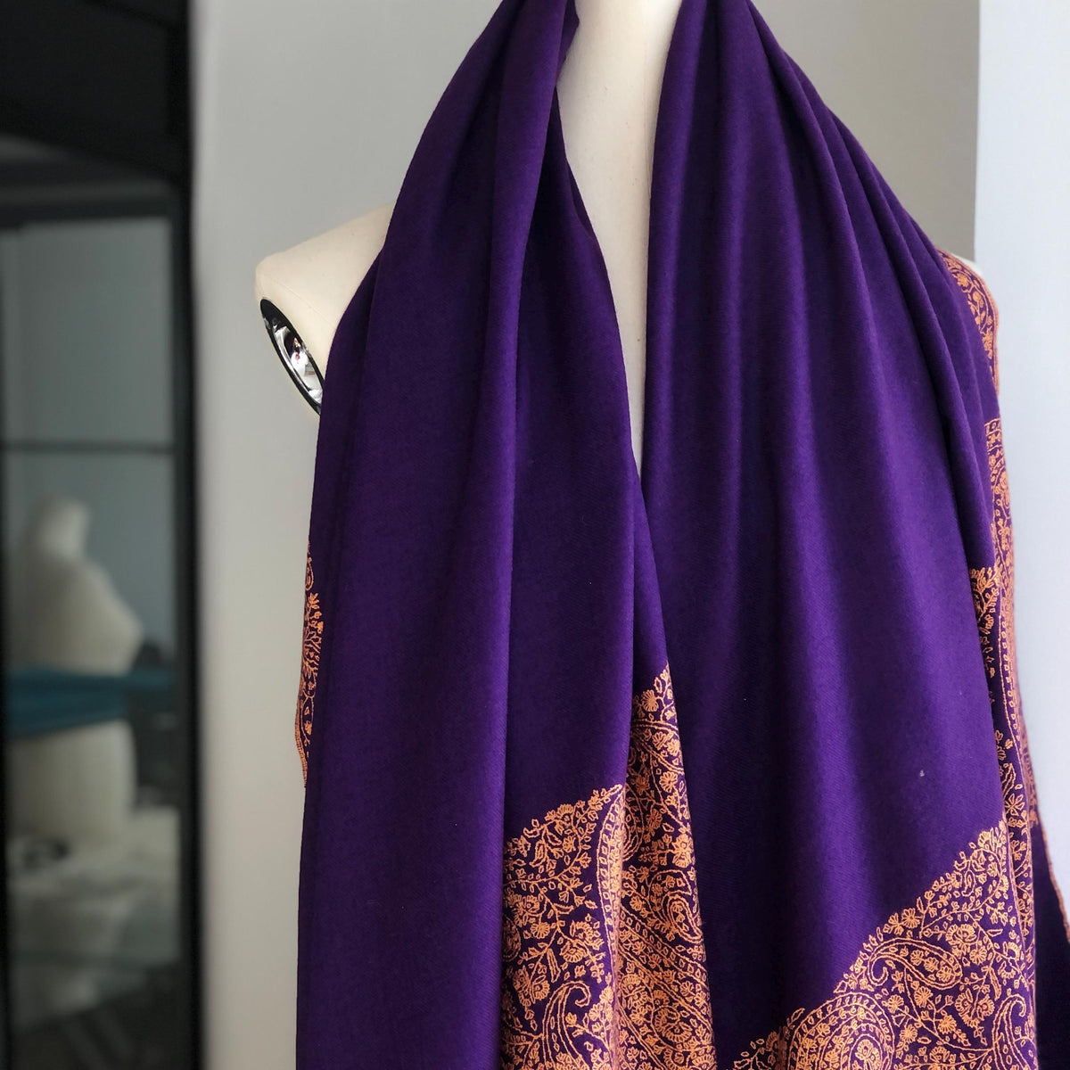 Bright Purple Paisley Pashmina Shawl with Intricate Embroidery Designs
