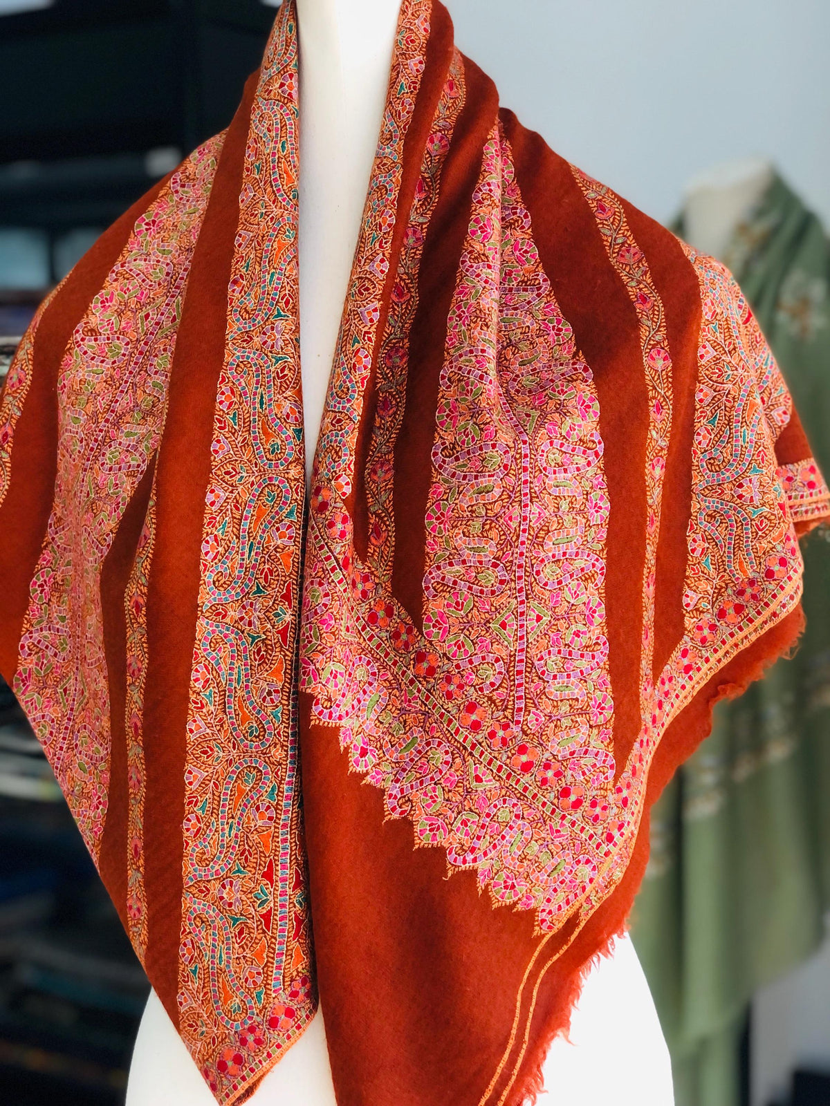 Vintage Orange Embroidery Pashmina Shawl with Katraaz Design