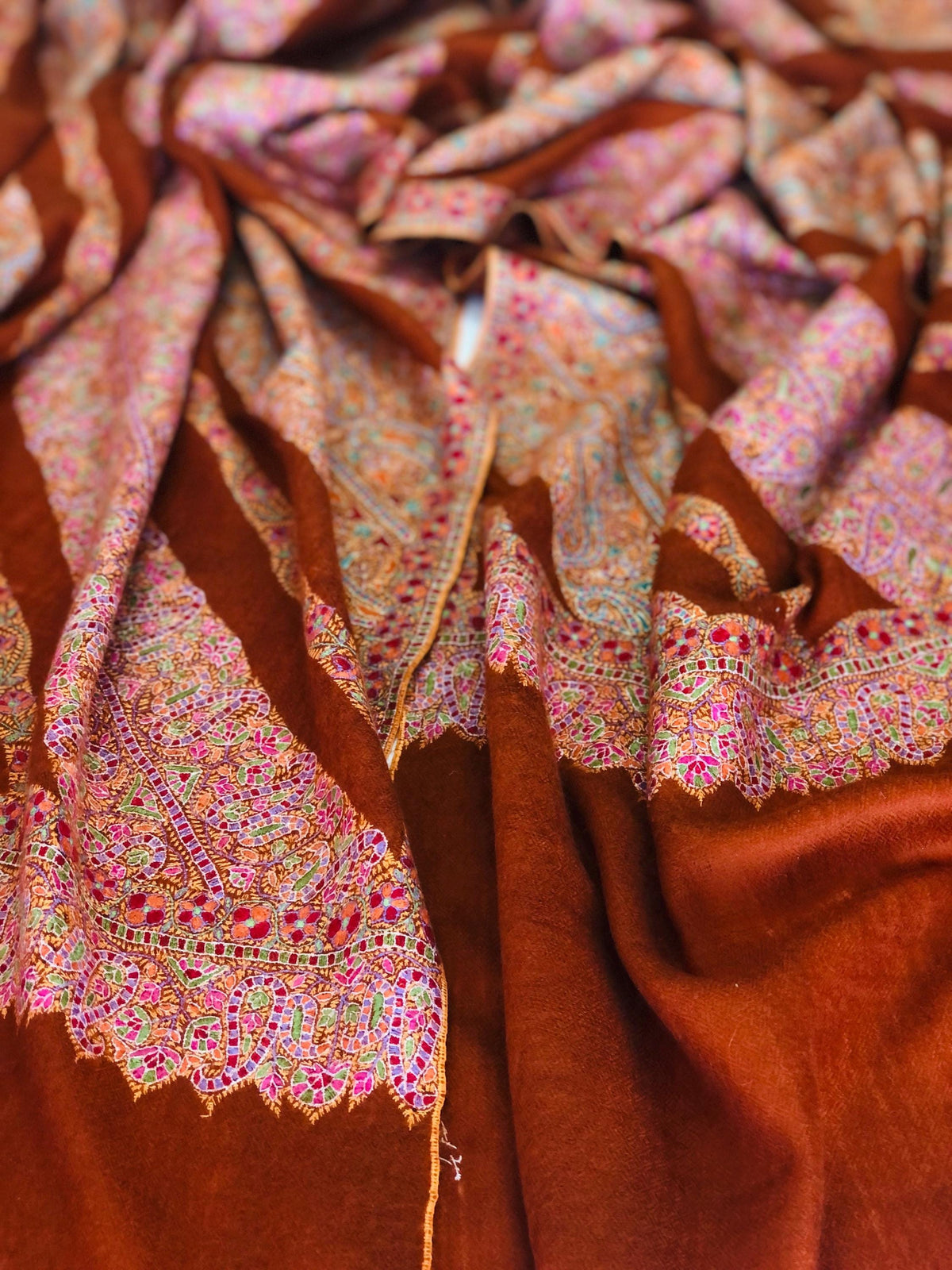 Vintage Orange Embroidery Pashmina Shawl with Katraaz Design