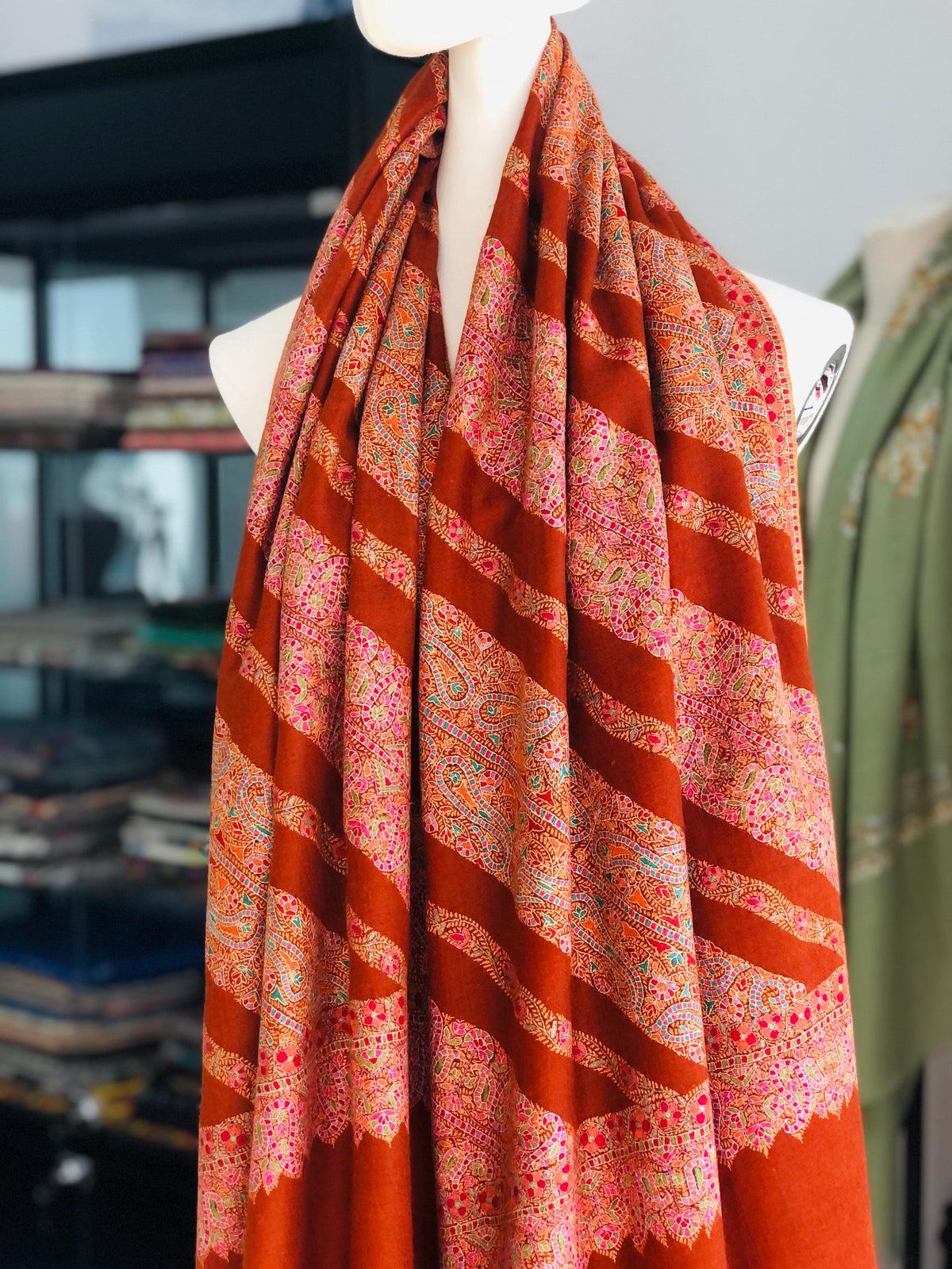 Vintage Orange Embroidery Pashmina Shawl with Katraaz Design