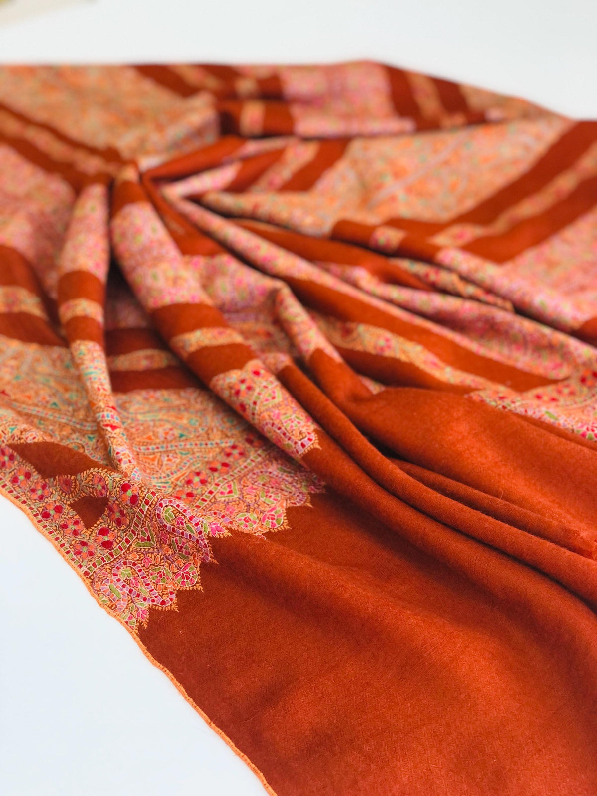 Vintage Orange Embroidery Pashmina Shawl with Katraaz Design