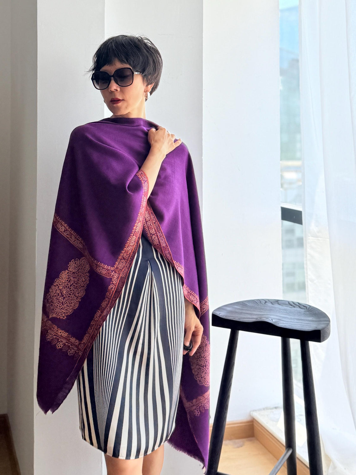 Bright Purple Embroidery Pashmina Shawl with Cone Boteh Design