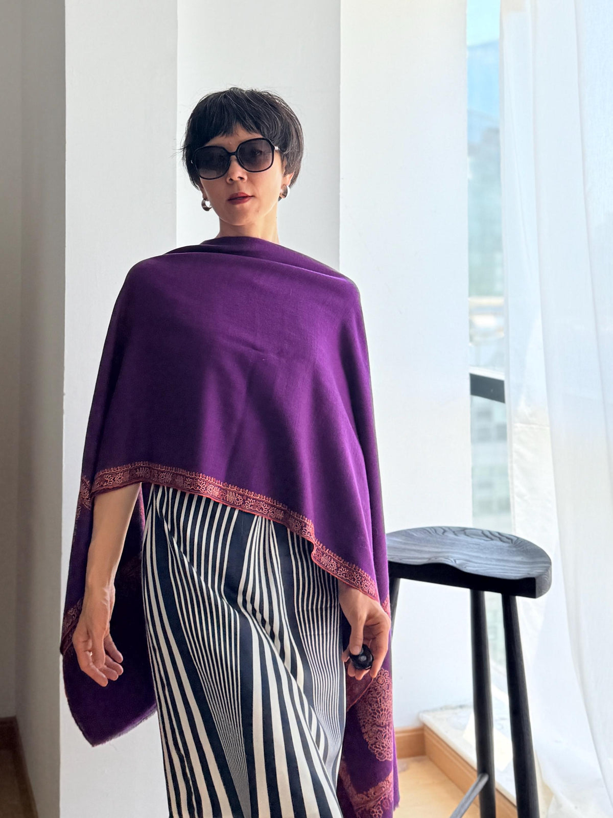 Bright Purple Embroidery Pashmina Shawl with Cone Boteh Design