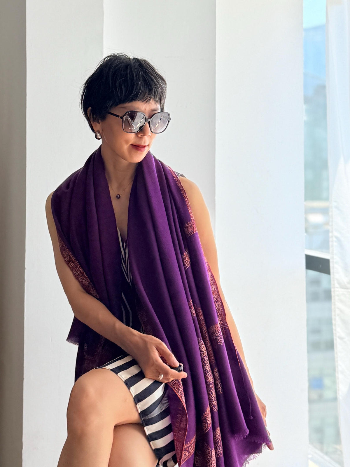 Bright Purple Embroidery Pashmina Shawl with Cone Boteh Design