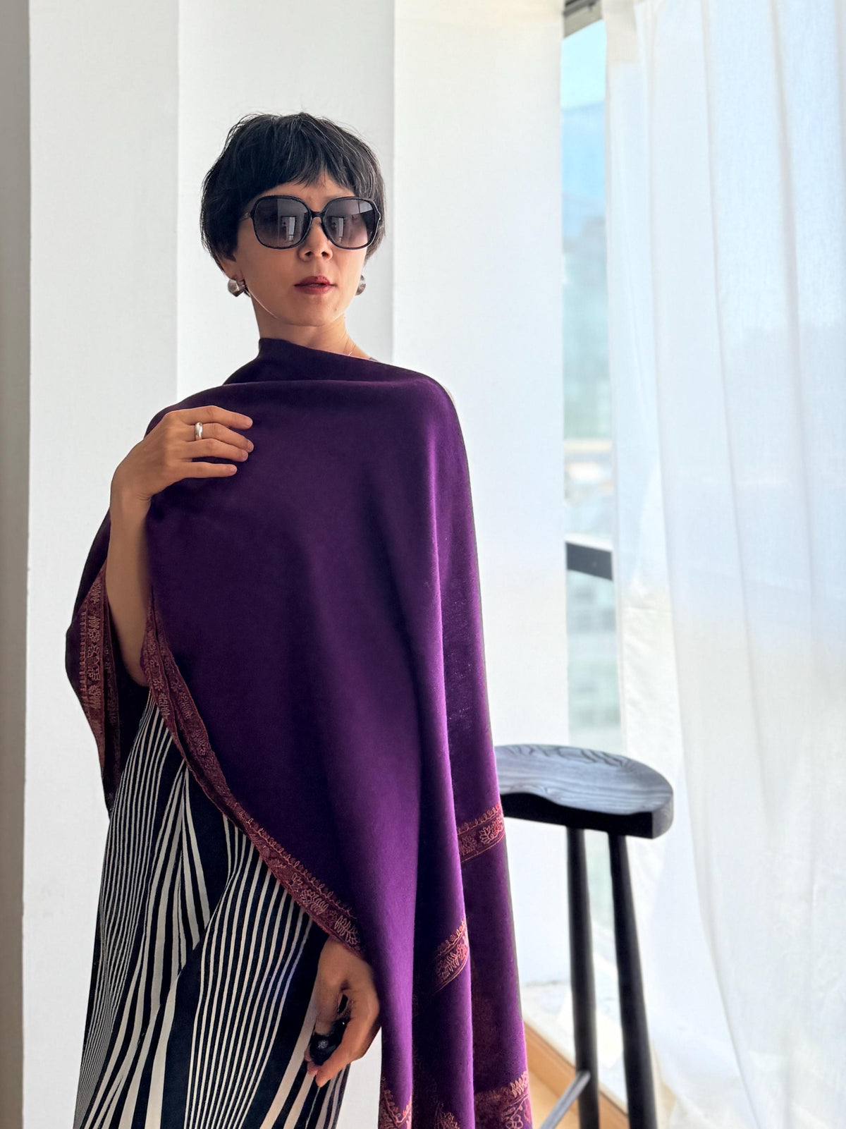 Bright Purple Embroidery Pashmina Shawl with Cone Boteh Design