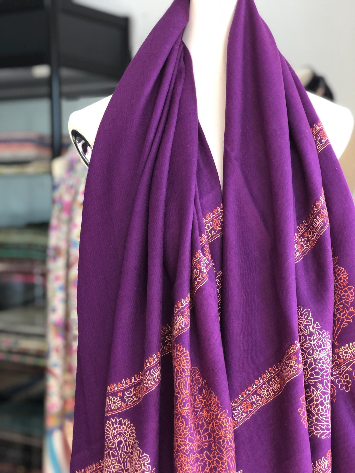 Bright Purple Embroidery Pashmina Shawl with Cone Boteh Design