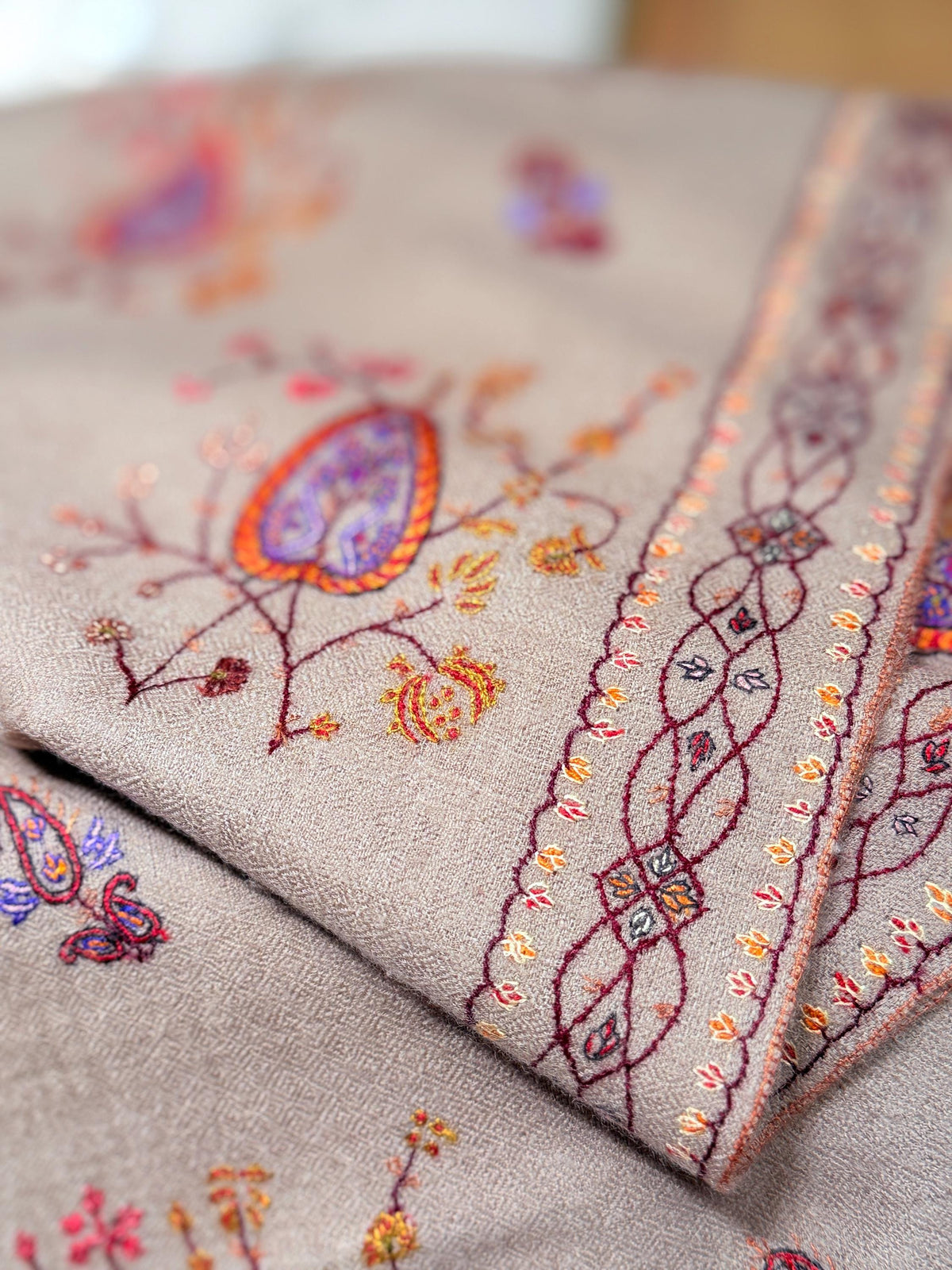 Handspun Beige Silk Embroidered Pashmina Shawl with Intricate Floral Designs