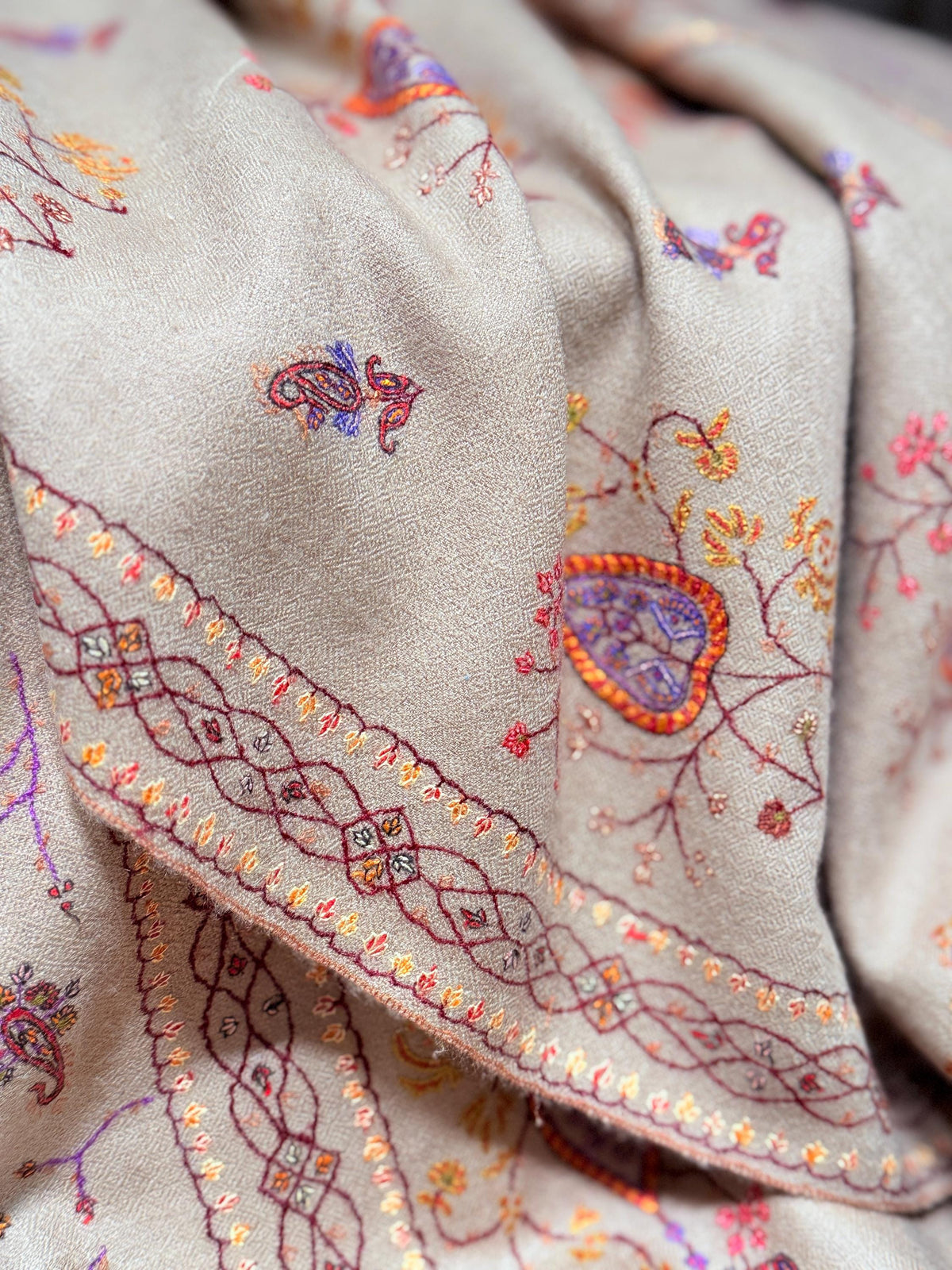 Handspun Beige Silk Embroidered Pashmina Shawl with Intricate Floral Designs